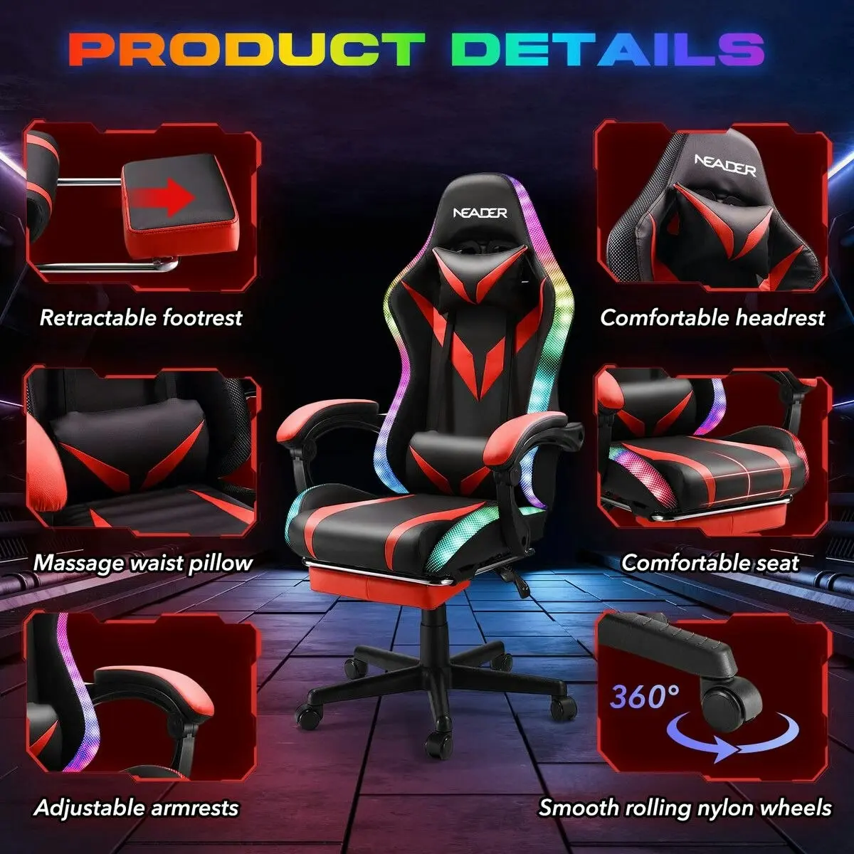 Neader High Back Gaming Chair RGB LED Computer Seat Office Racing Desk Massage Bluetooth Speakers PU Leather Headrest Footrest Work Study Red