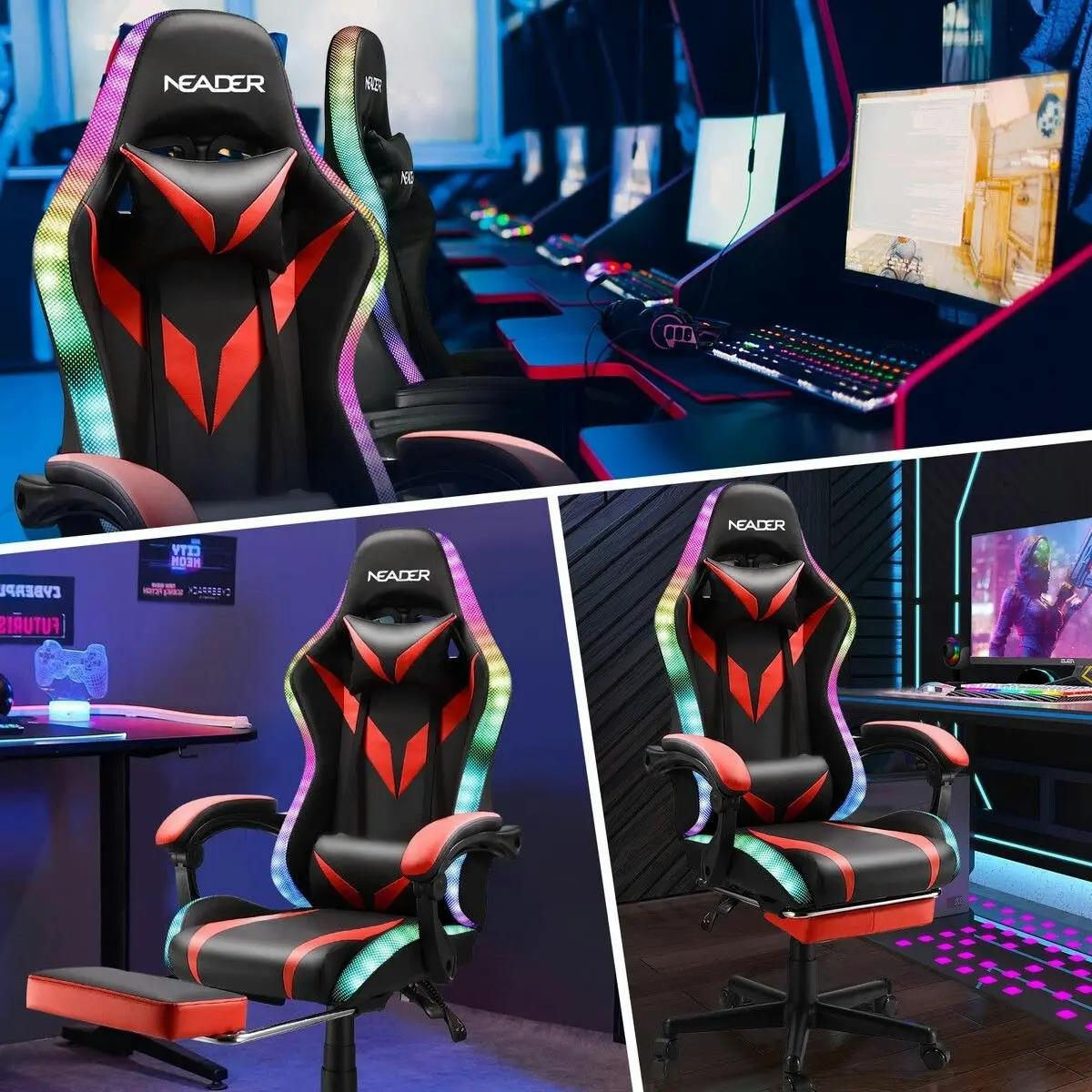 Neader High Back Gaming Chair RGB LED Computer Seat Office Racing Desk Massage Bluetooth Speakers PU Leather Headrest Footrest Work Study Red