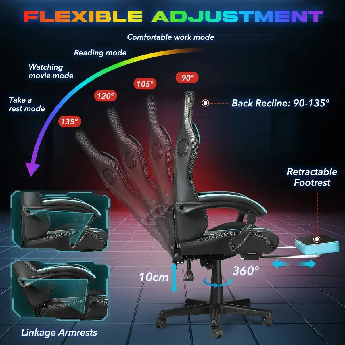 Neader RGB LED Gaming Chair Home Office Computer Racing Desk Massage Seat Bluetooth Speaker PU Leather High Back Recliner Headrest Footrest Black