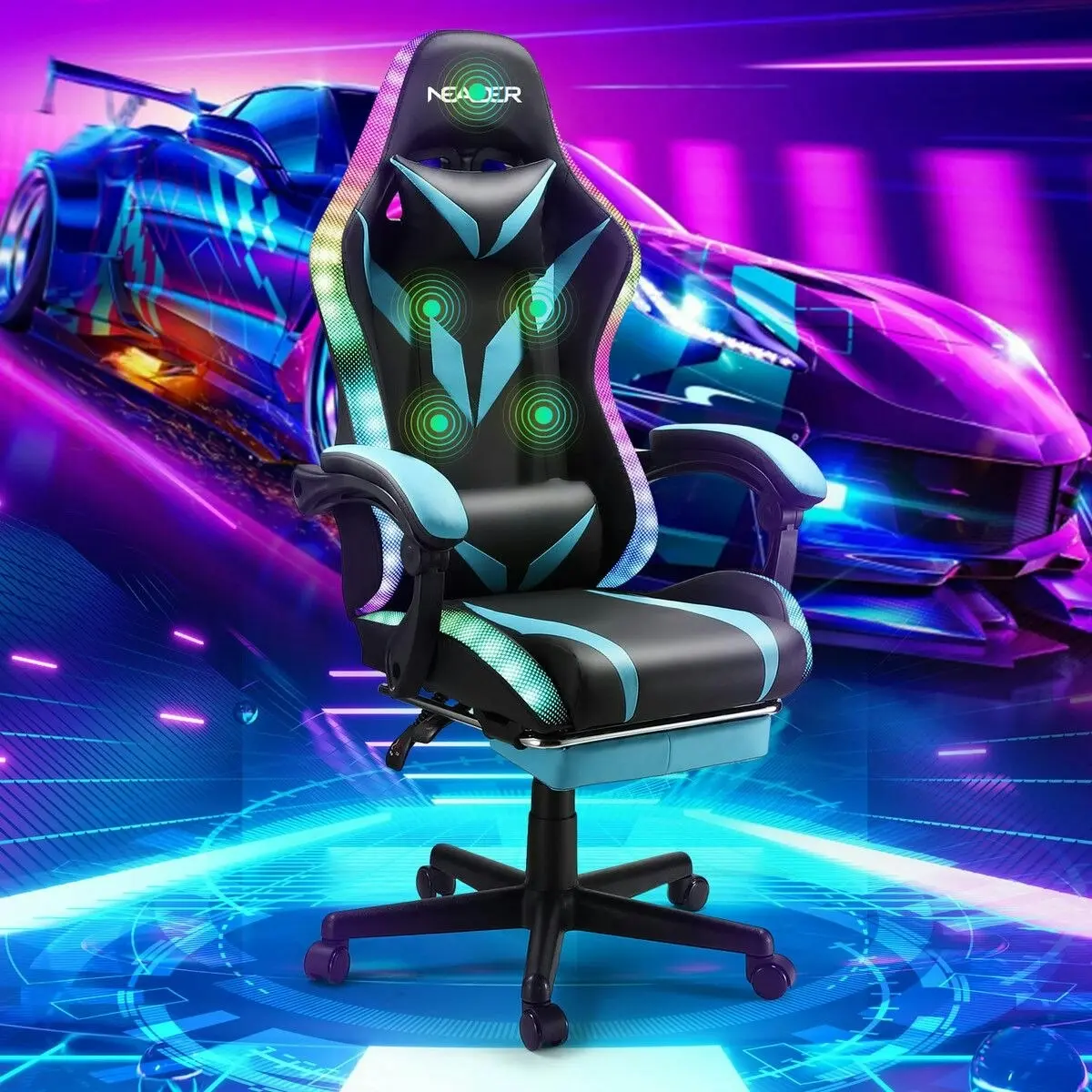 Neader RGB LED Gaming Chair Home Office Computer Racing Desk Massage Seat Bluetooth Speaker PU Leather High Back Recliner Headrest Footrest Black