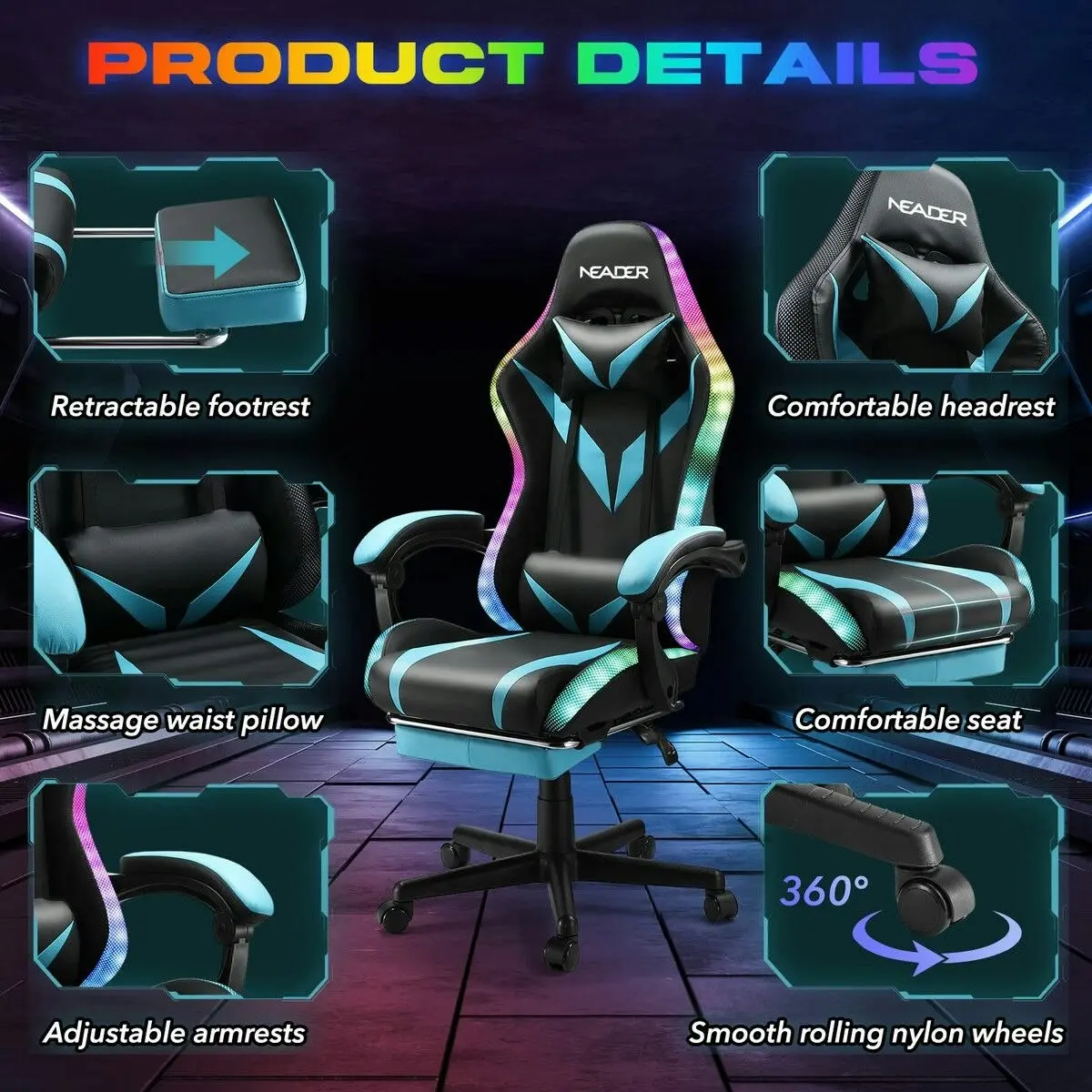 Neader RGB LED Gaming Chair Home Office Computer Racing Desk Massage Seat Bluetooth Speaker PU Leather High Back Recliner Headrest Footrest Black