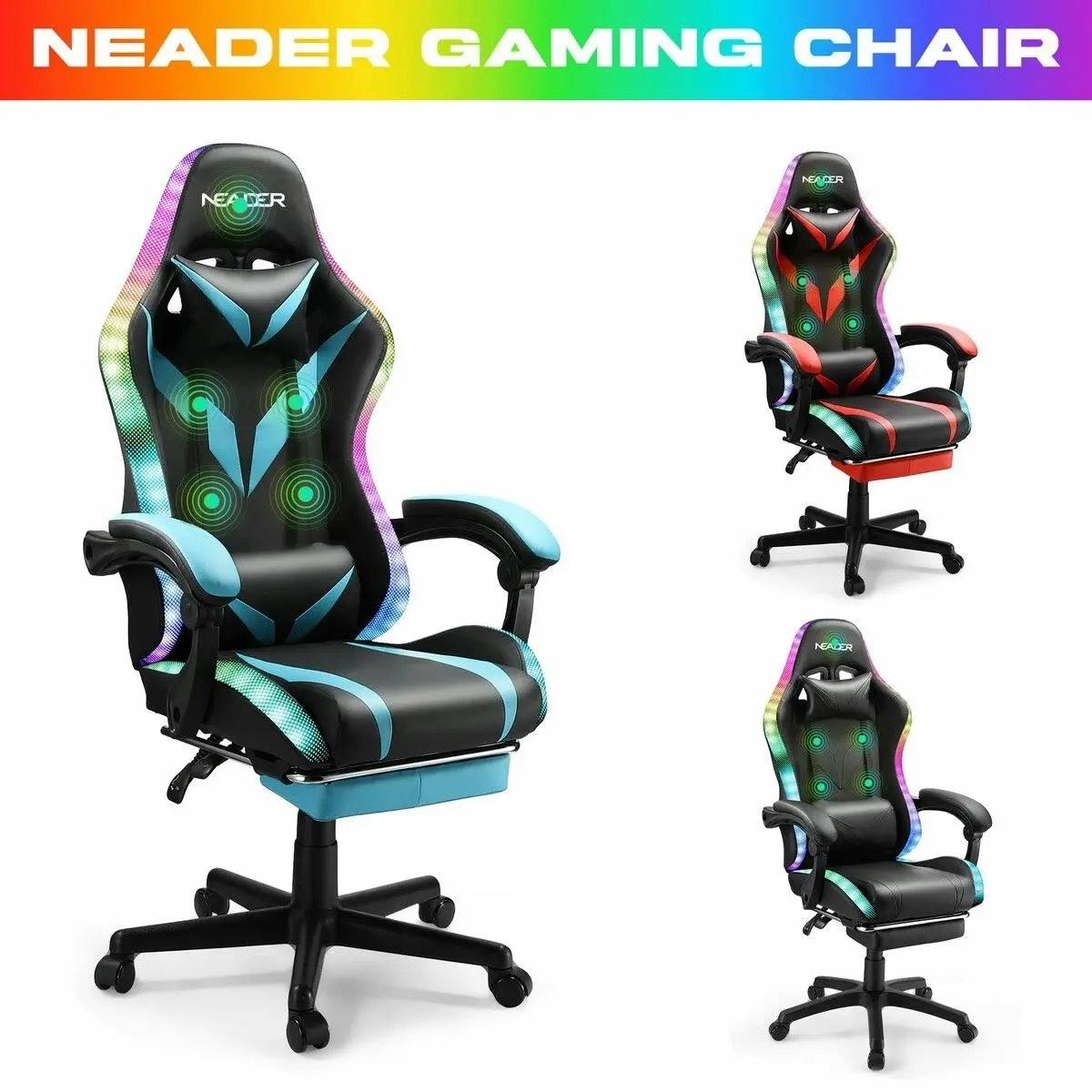 Neader RGB LED Gaming Chair Home Office Computer Racing Desk Massage Seat Bluetooth Speaker PU Leather High Back Recliner Headrest Footrest Black