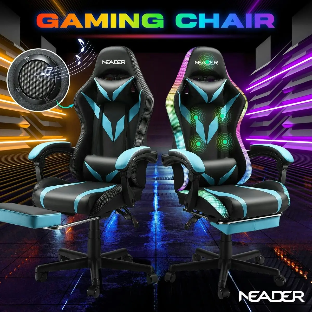 Neader RGB LED Gaming Chair Home Office Computer Racing Desk Massage Seat Bluetooth Speaker PU Leather High Back Recliner Headrest Footrest Black