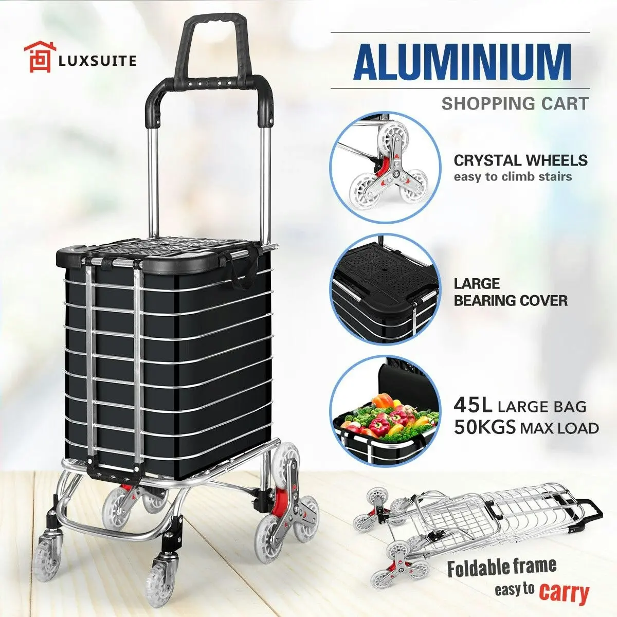 LUXSUITE Shopping Cart Trolley Trolly Wheeled Bag Grocery Storage Foldable Market Utility Granny Stair Climbing Wheels Aluminium 50kg