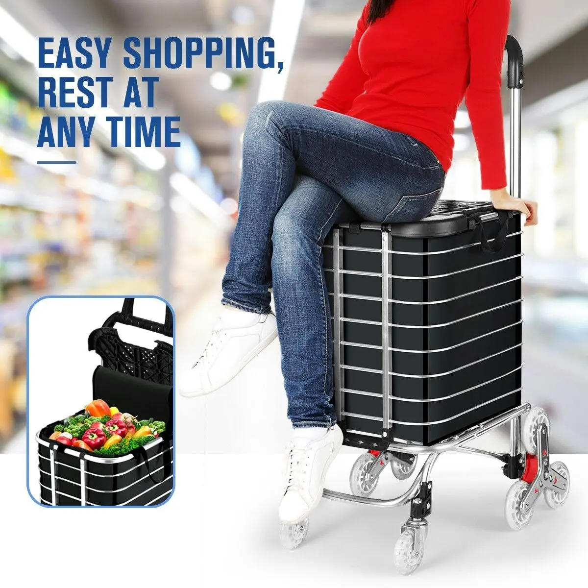 LUXSUITE Shopping Cart Trolley Trolly Wheeled Bag Grocery Storage Foldable Market Utility Granny Stair Climbing Wheels Aluminium 50kg