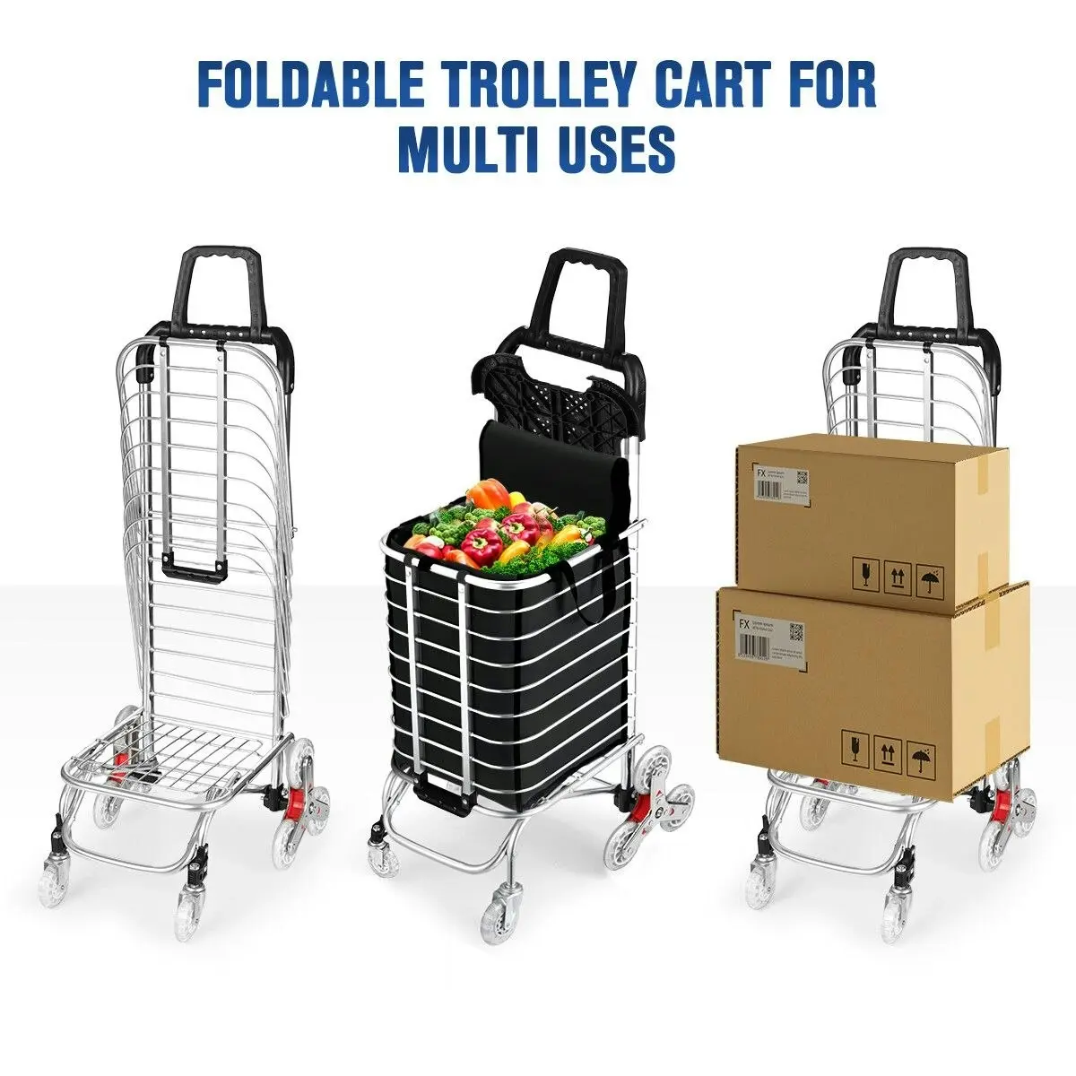 LUXSUITE Shopping Cart Trolley Trolly Wheeled Bag Grocery Storage Foldable Market Utility Granny Stair Climbing Wheels Aluminium 50kg