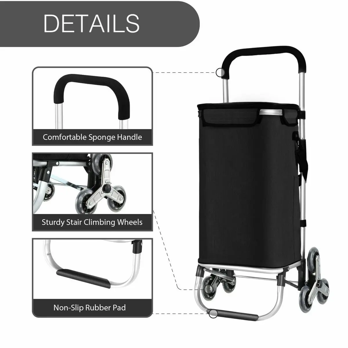 LUXSUITE Shopping Cart Trolley Wheeled Storage Trolly Bag Grocery Foldable Market Utility Granny Stair Climbing Wheels Aluminium 45L