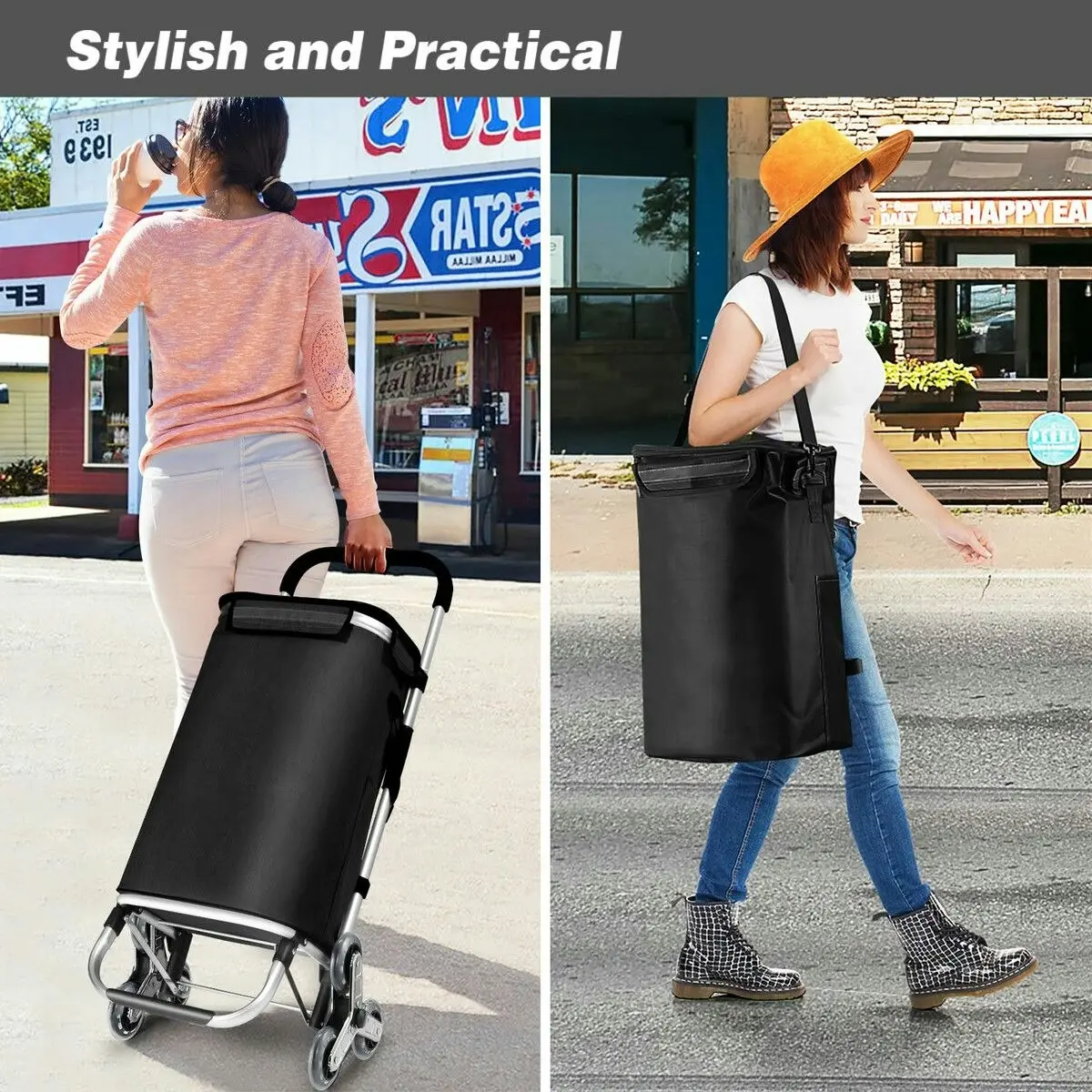 LUXSUITE Shopping Cart Trolley Wheeled Storage Trolly Bag Grocery Foldable Market Utility Granny Stair Climbing Wheels Aluminium 45L