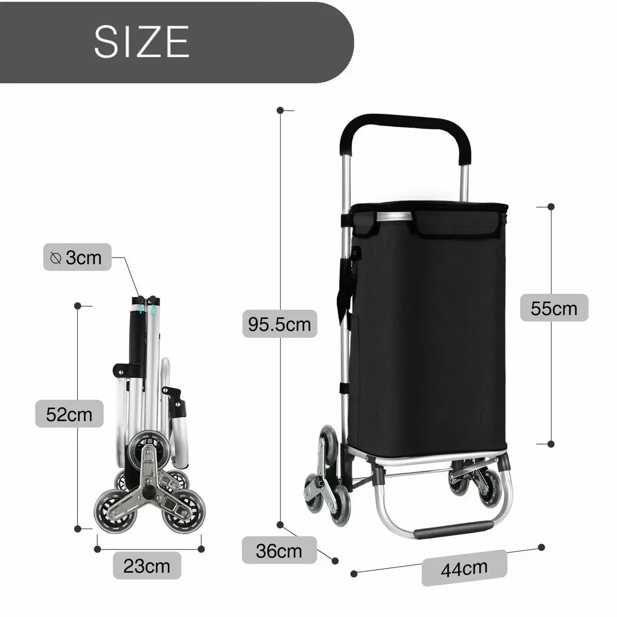 LUXSUITE Shopping Cart Trolley Wheeled Storage Trolly Bag Grocery Foldable Market Utility Granny Stair Climbing Wheels Aluminium 45L