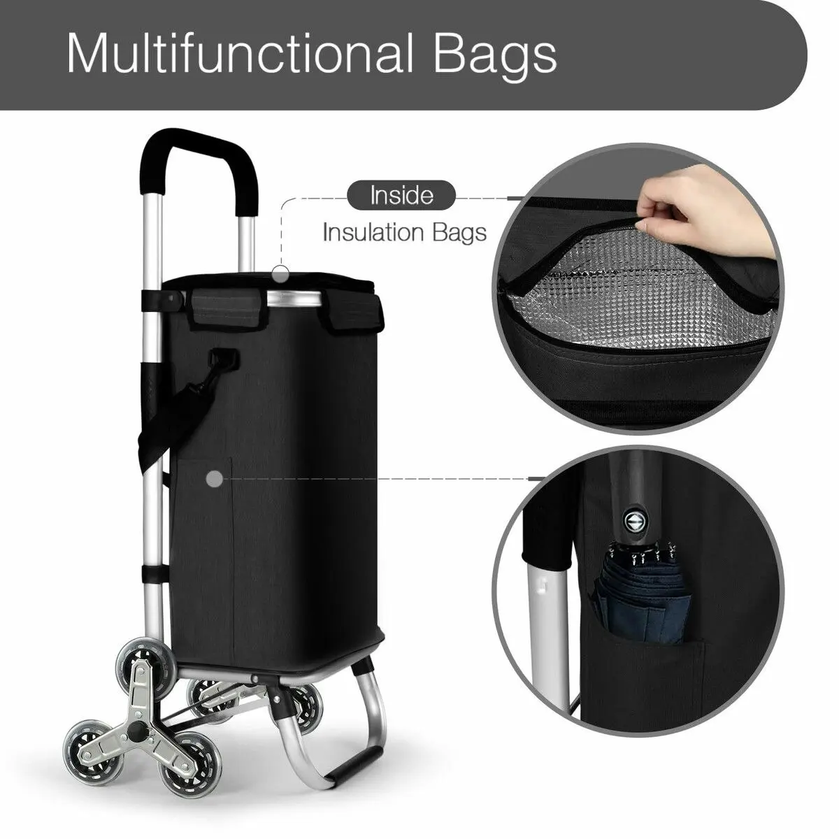 LUXSUITE Shopping Cart Trolley Wheeled Storage Trolly Bag Grocery Foldable Market Utility Granny Stair Climbing Wheels Aluminium 45L