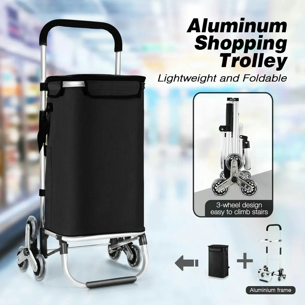 LUXSUITE Shopping Cart Trolley Wheeled Storage Trolly Bag Grocery Foldable Market Utility Granny Stair Climbing Wheels Aluminium 45L