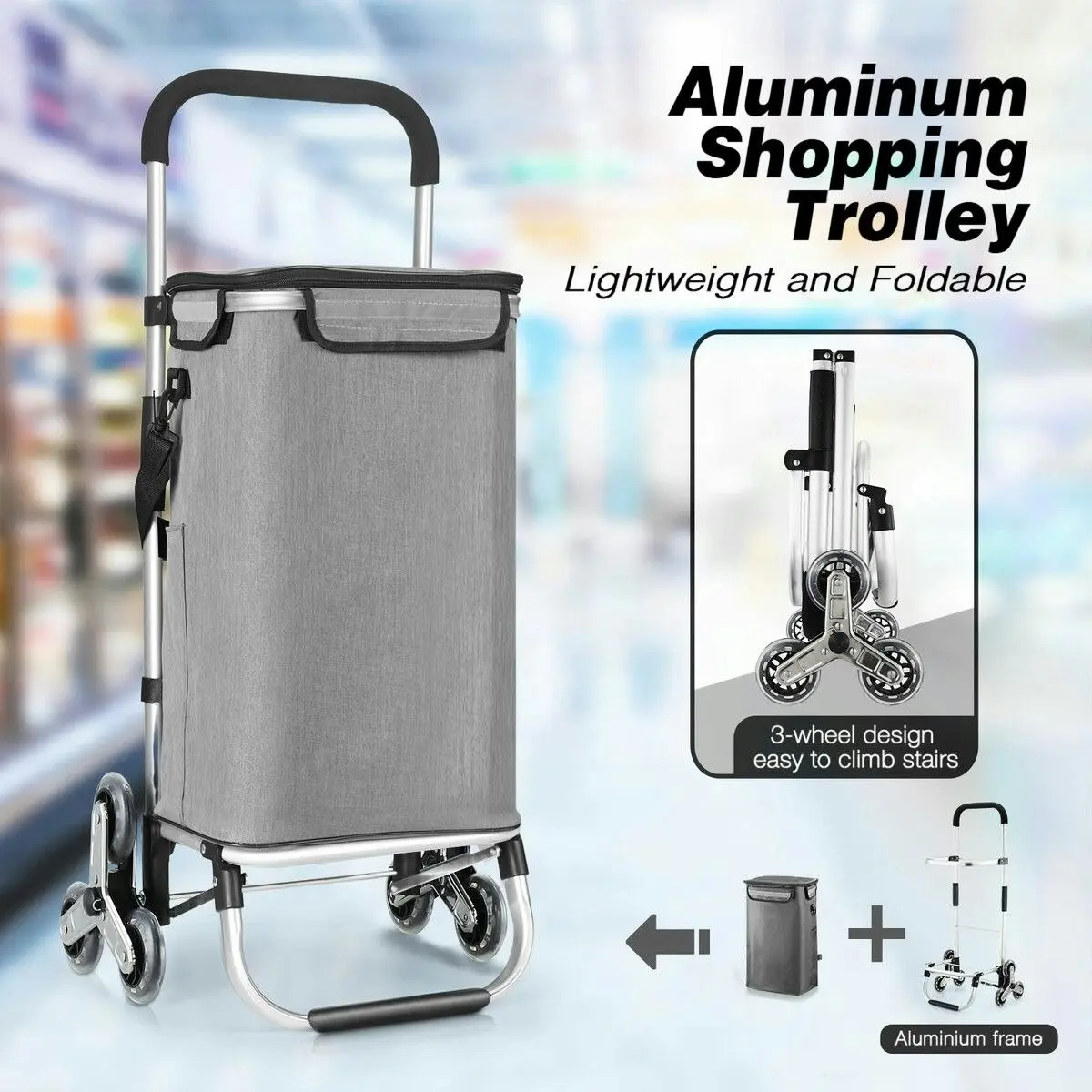 LUXSUITE Shopping Trolley Cart Wheeled Bag Storage Trolly Foldable Grocery Market Utility Granny Stair Climbing Wheels Aluminium 45kg