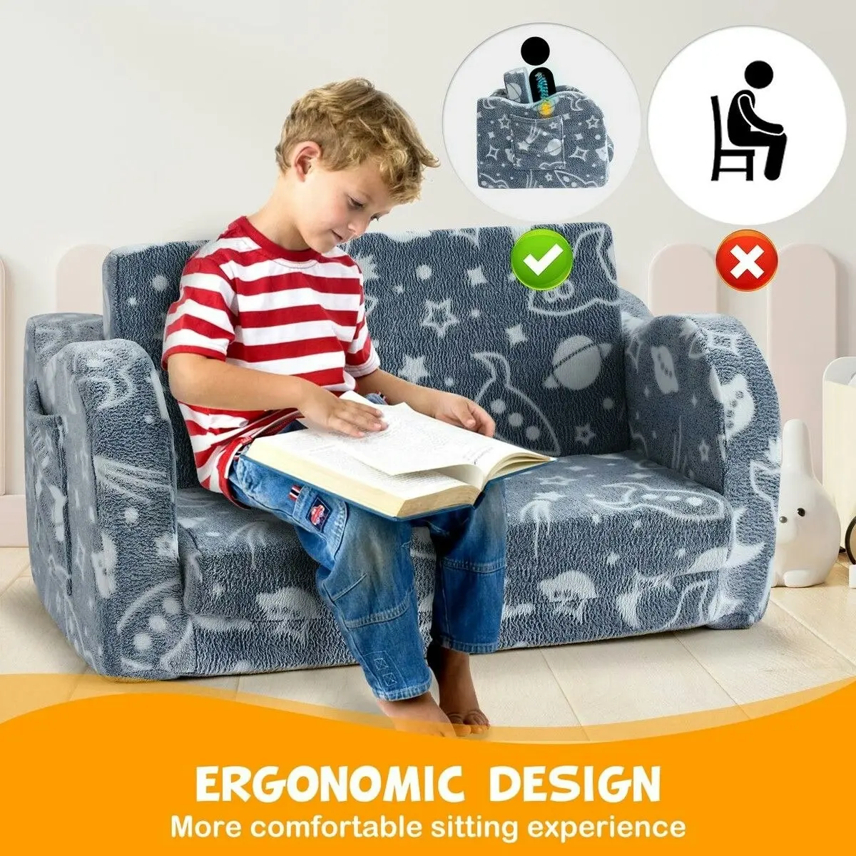 Kidbot Kids Sofa Flip Out Lounger 2 In 1 Convertible Couch Comfy Chair Armchair Toddler Bed Soft Cushion Playroom Glow in the Dark