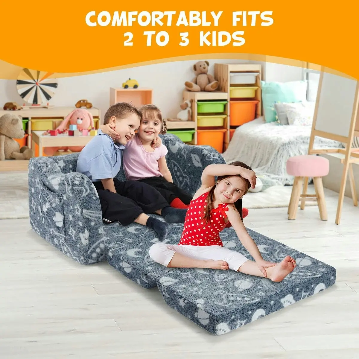 Kidbot Kids Sofa Flip Out Lounger 2 In 1 Convertible Couch Comfy Chair Armchair Toddler Bed Soft Cushion Playroom Glow in the Dark