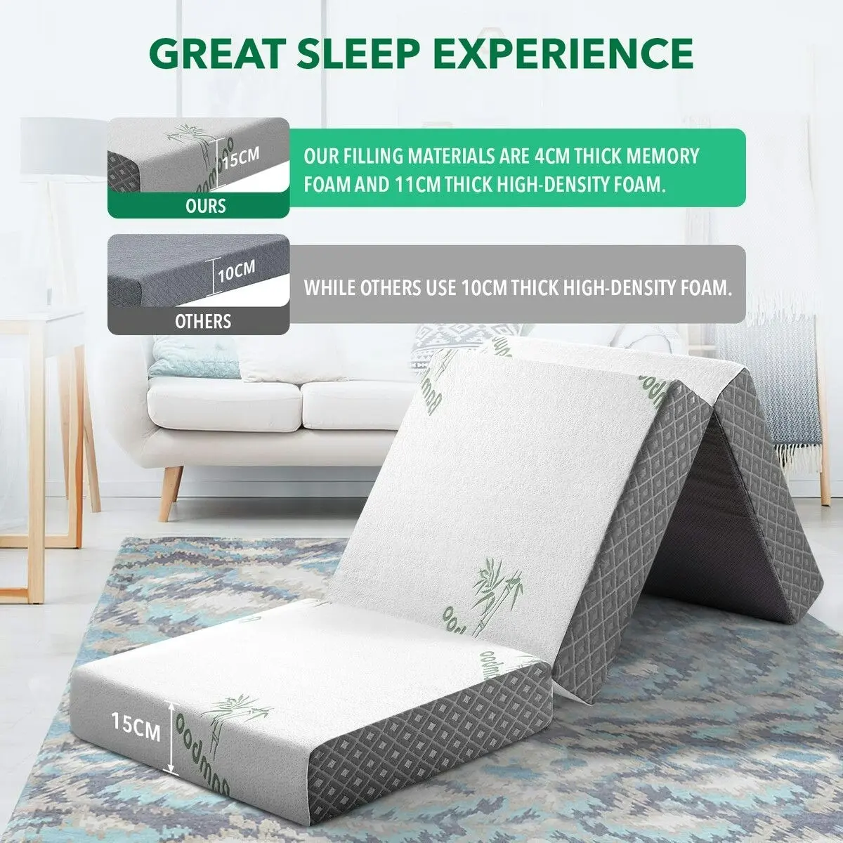 Luxdream Folding Mattress Single Trifold Memory Foam Sofa Bed Portable Sleeping Floor Mat Camping Travel Cushion Extra Thick Bamboo Cover