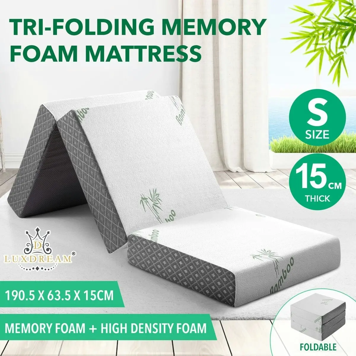 Luxdream Folding Mattress Single Trifold Memory Foam Sofa Bed Portable Sleeping Floor Mat Camping Travel Cushion Extra Thick Bamboo Cover