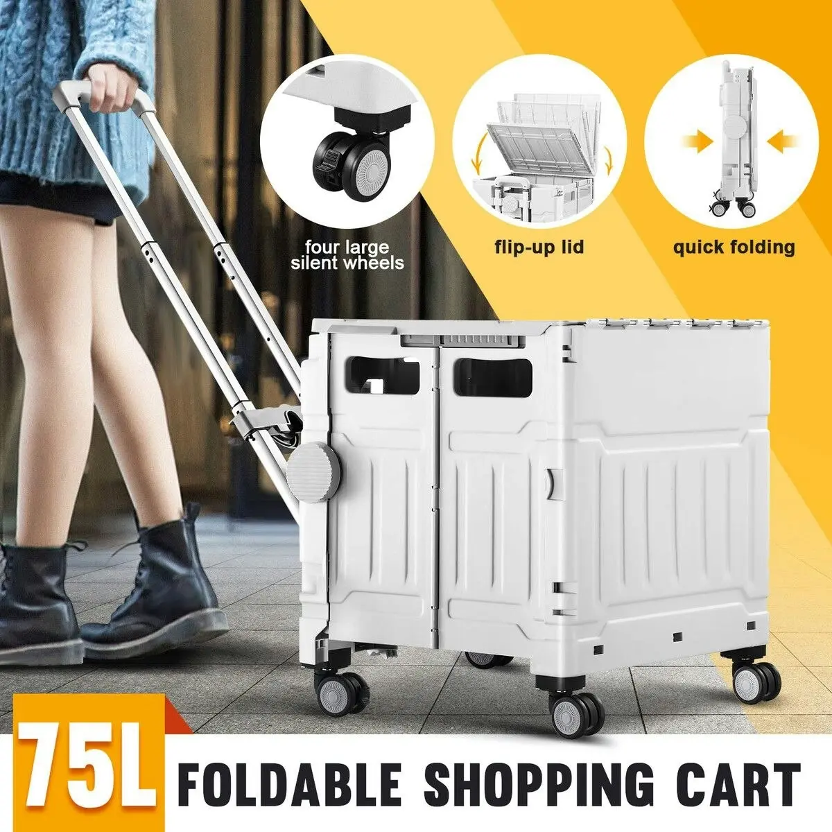 LUXSUITE Shopping Trolley Cart Foldable Wheeled Utility Folding Crate Grocery Market Rolling Storage Basket Seat Travel Camping 4 Wheels 75L