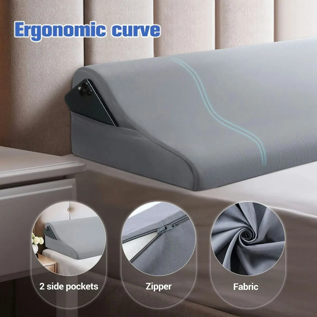 Ausway King Size Bed Pillow Wedge Gap Filler Cushion Foam Headboard Bedrest Comfortable with Side Pockets Grey