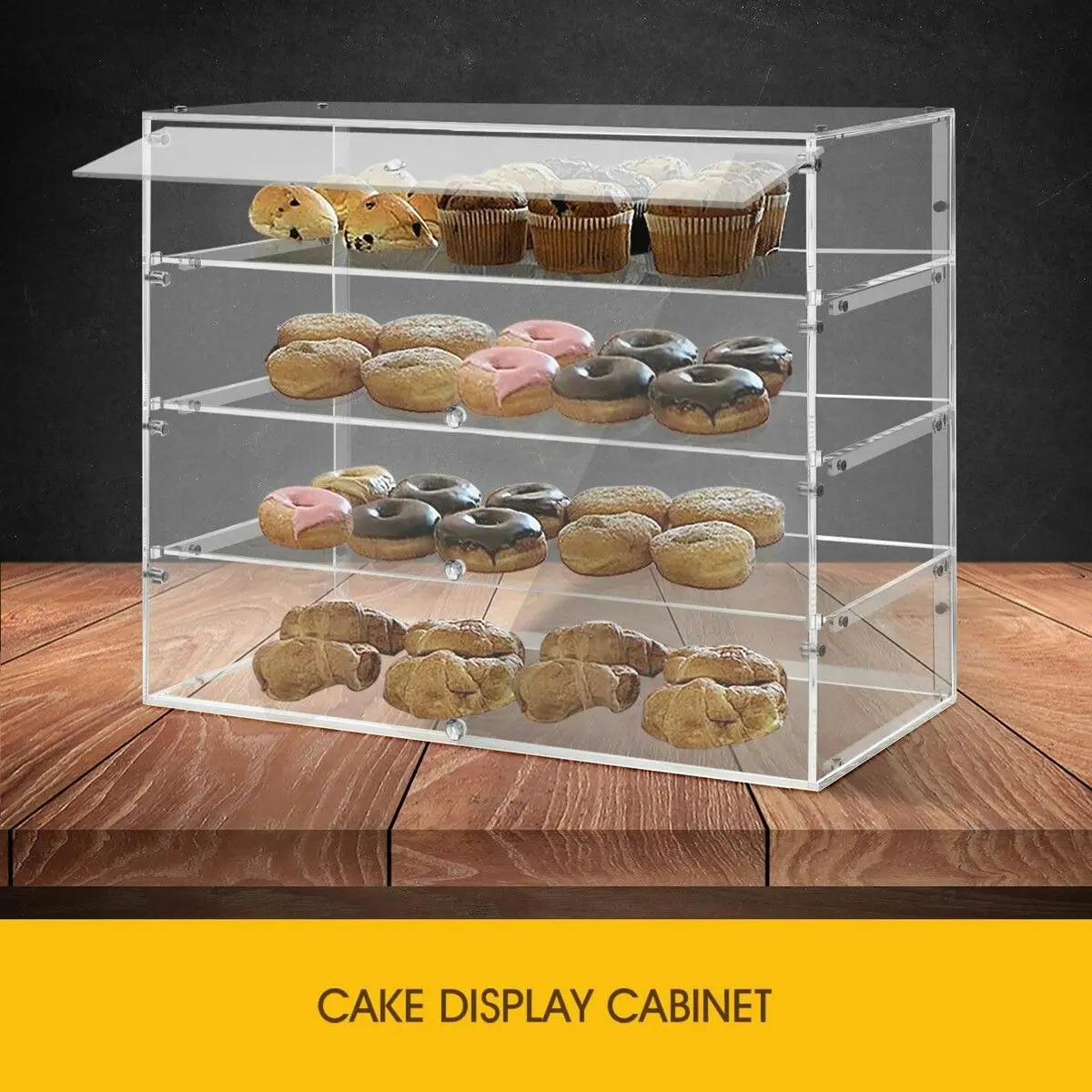 LUXSUITE Large Cake Display Cabinet 4 Tier Acrylic Stand Case Unit Holder Bakery Cupcake Muffin Donut Pastry Model Toy Showcase Desktop 5mm Transparent