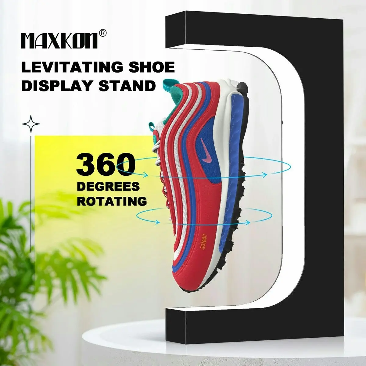 Maxkon Levitating Shoe Display Stand Floating Rotating Spinning Sneaker Rack Holder Magnetic Levitation Acrylic Footwear Shelf