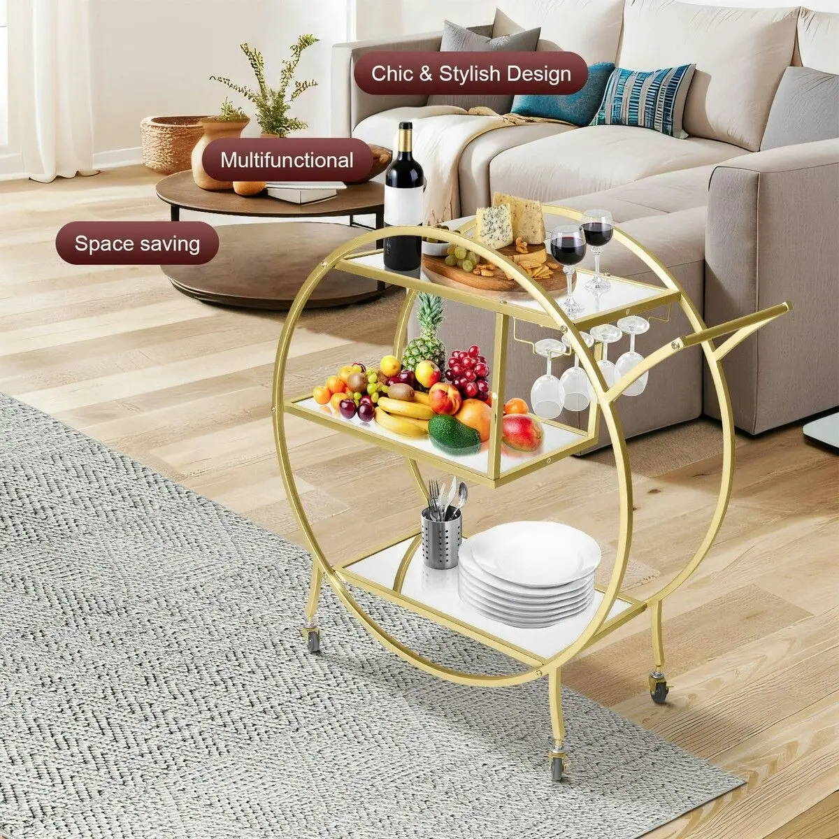 Ausway Bar Cart Wine Rack Drinks Bar Trolley Glass Holder Gold Cart Serving Glass Shelves Metal Frame Mobile Wheels Round