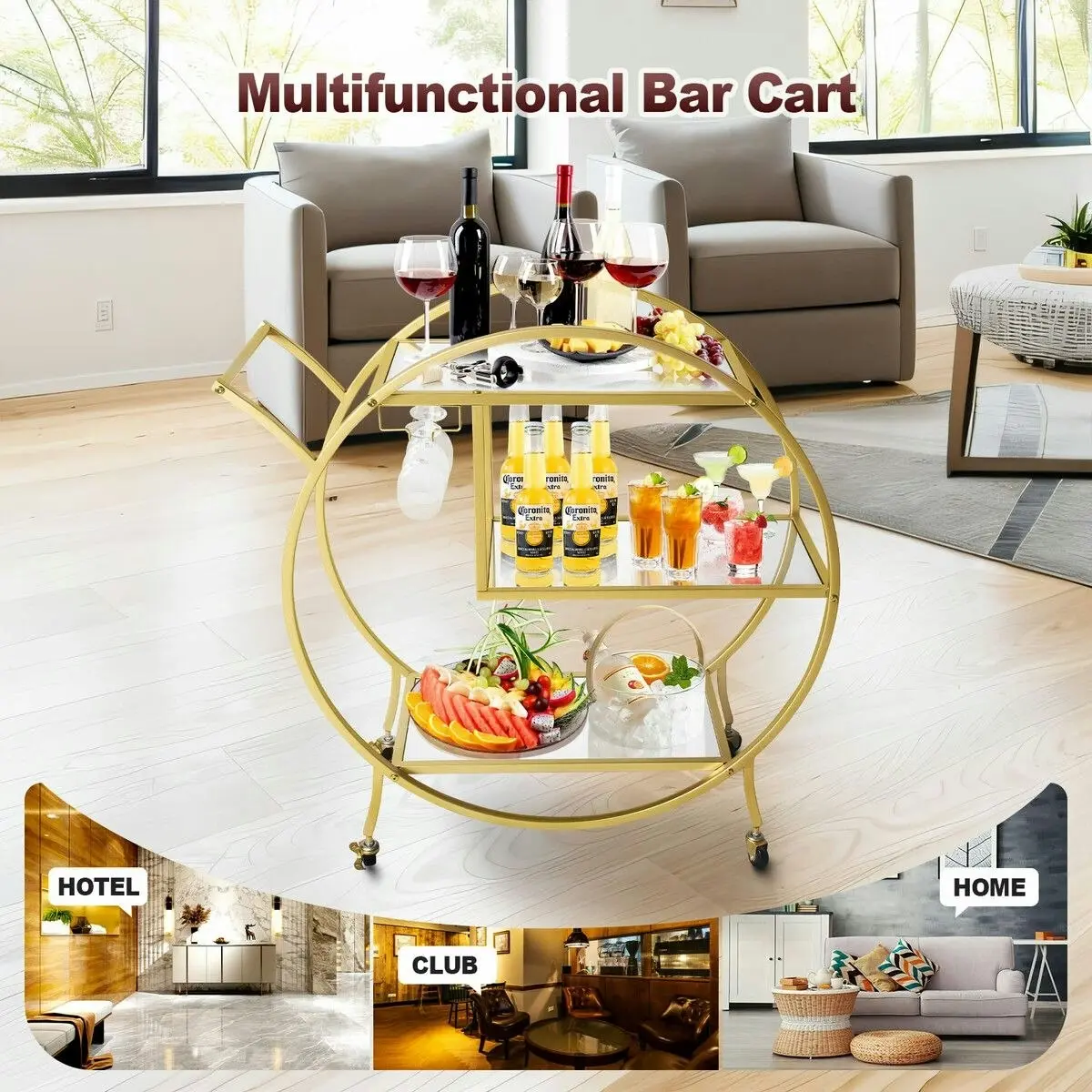 Ausway Bar Cart Wine Rack Drinks Bar Trolley Glass Holder Gold Cart Serving Glass Shelves Metal Frame Mobile Wheels Round