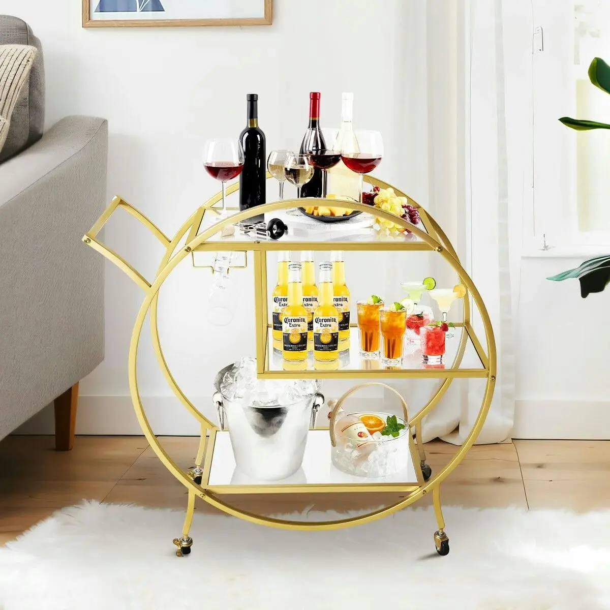 Ausway Bar Cart Wine Rack Drinks Bar Trolley Glass Holder Gold Cart Serving Glass Shelves Metal Frame Mobile Wheels Round