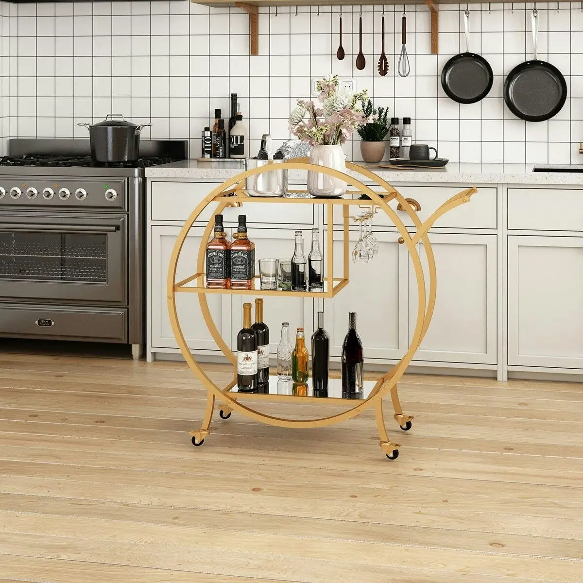 Ausway Bar Cart Wine Rack Drinks Bar Trolley Glass Holder Gold Cart Serving Glass Shelves Metal Frame Mobile Wheels Round