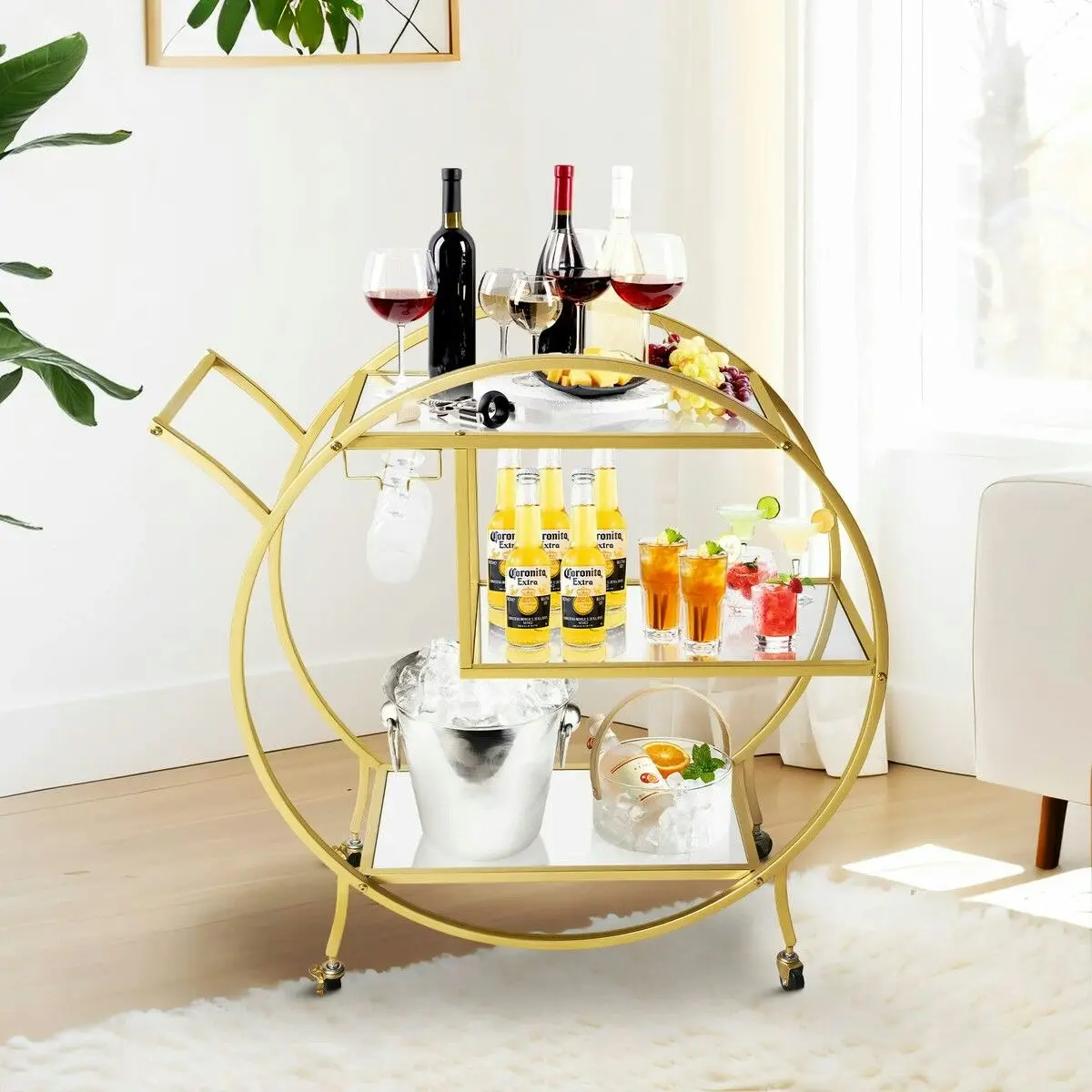 Ausway Bar Cart Wine Rack Drinks Bar Trolley Glass Holder Gold Cart Serving Glass Shelves Metal Frame Mobile Wheels Round