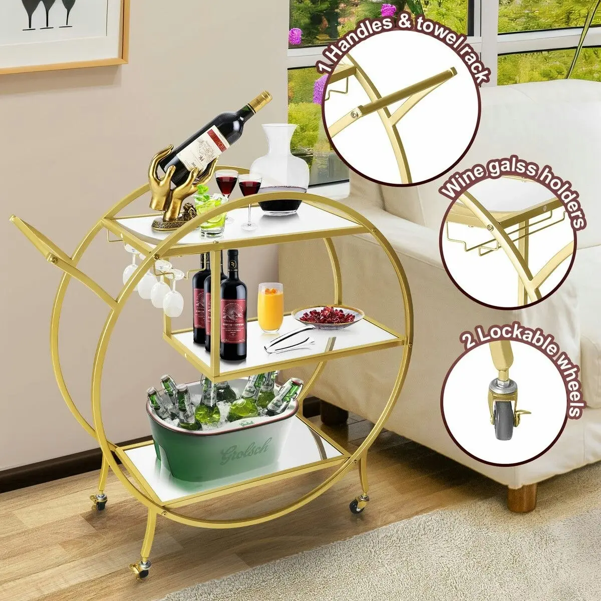 Ausway Bar Cart Wine Rack Drinks Bar Trolley Glass Holder Gold Cart Serving Glass Shelves Metal Frame Mobile Wheels Round