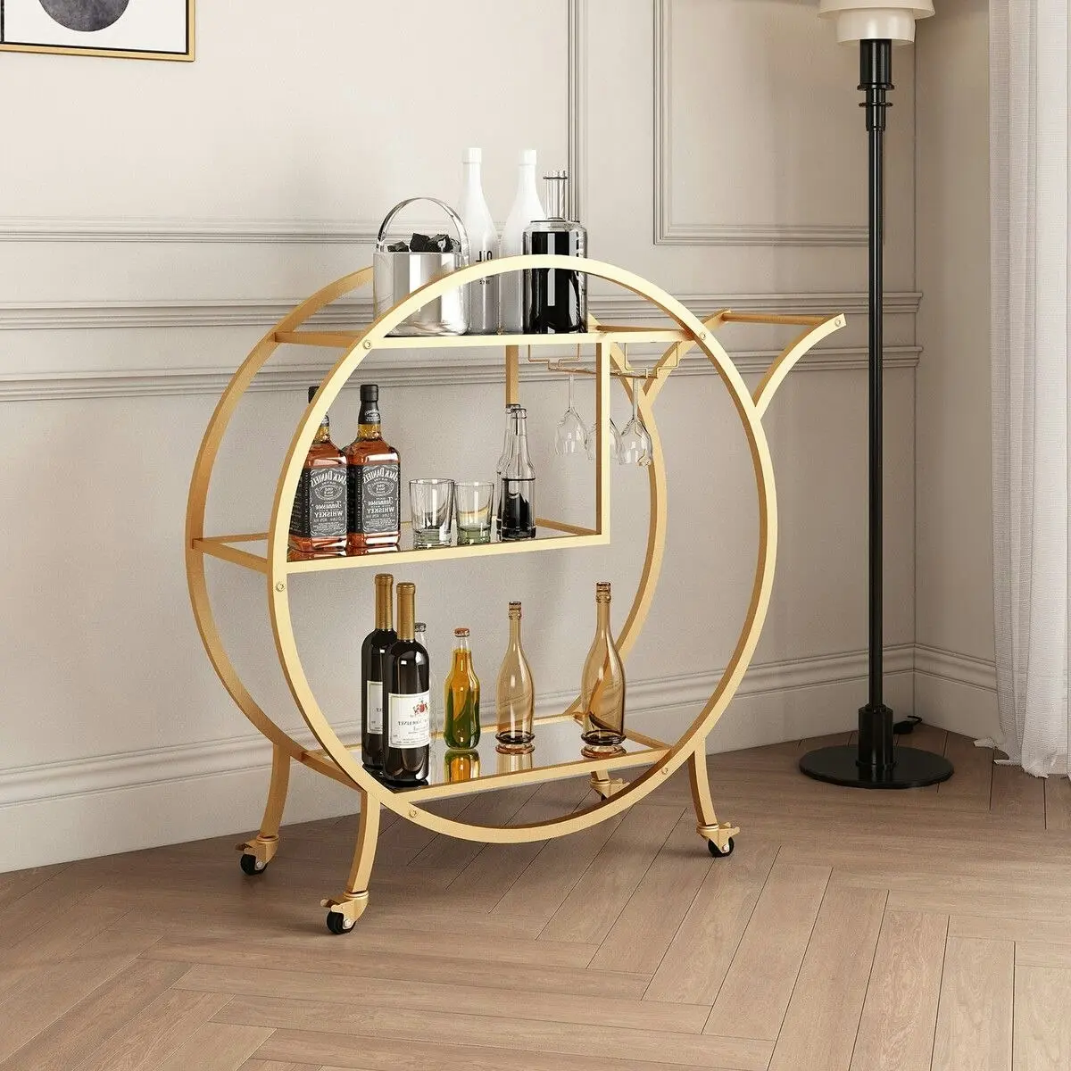 Ausway Bar Cart Wine Rack Drinks Bar Trolley Glass Holder Gold Cart Serving Glass Shelves Metal Frame Mobile Wheels Round