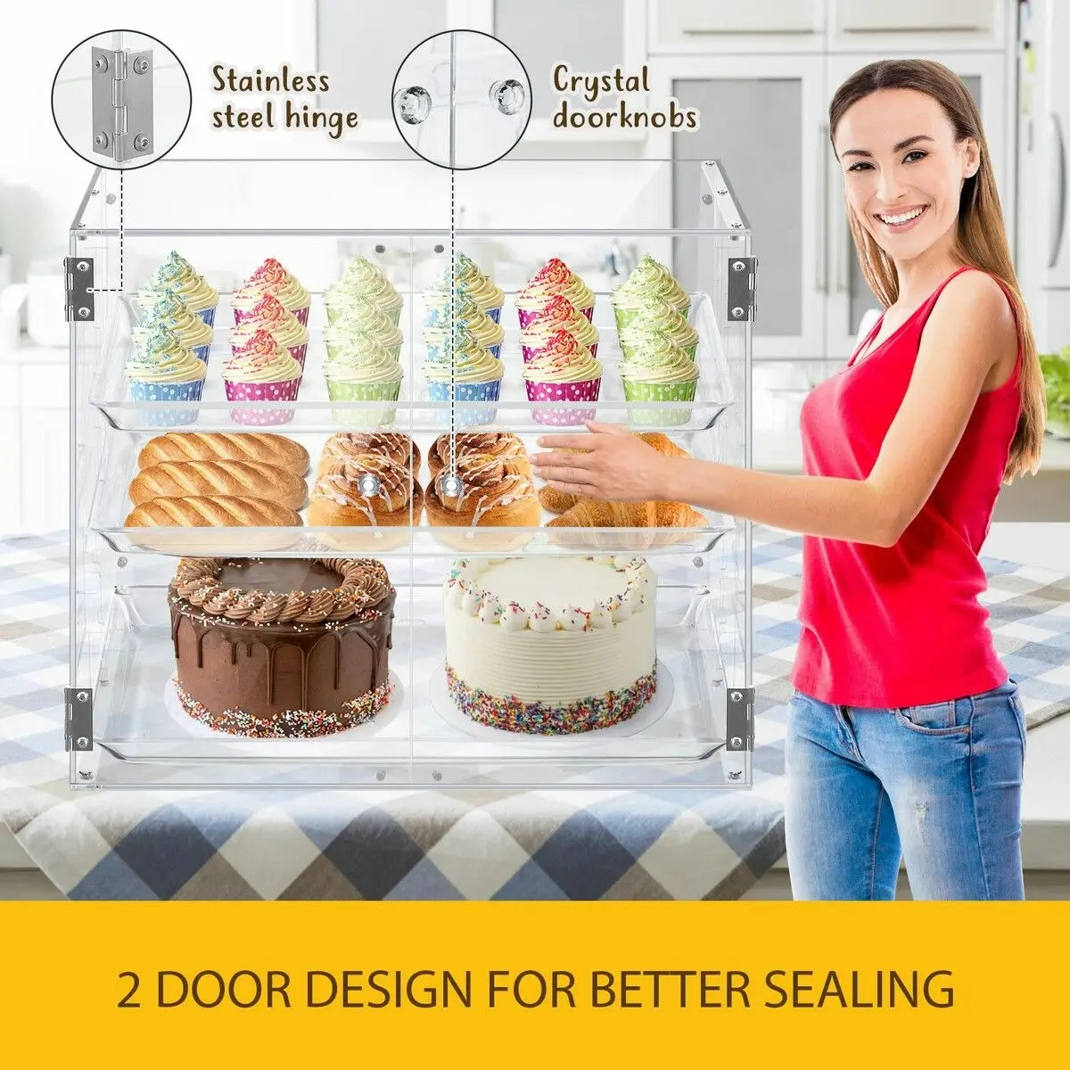 LUXSUITE Cake Display Cabinet 3 Tier Acrylic Bakery Cupcake Stand Case Unit Holder Muffin Donut Pastry Model Toy Showcase Adjustable Shelf 5mm Thick