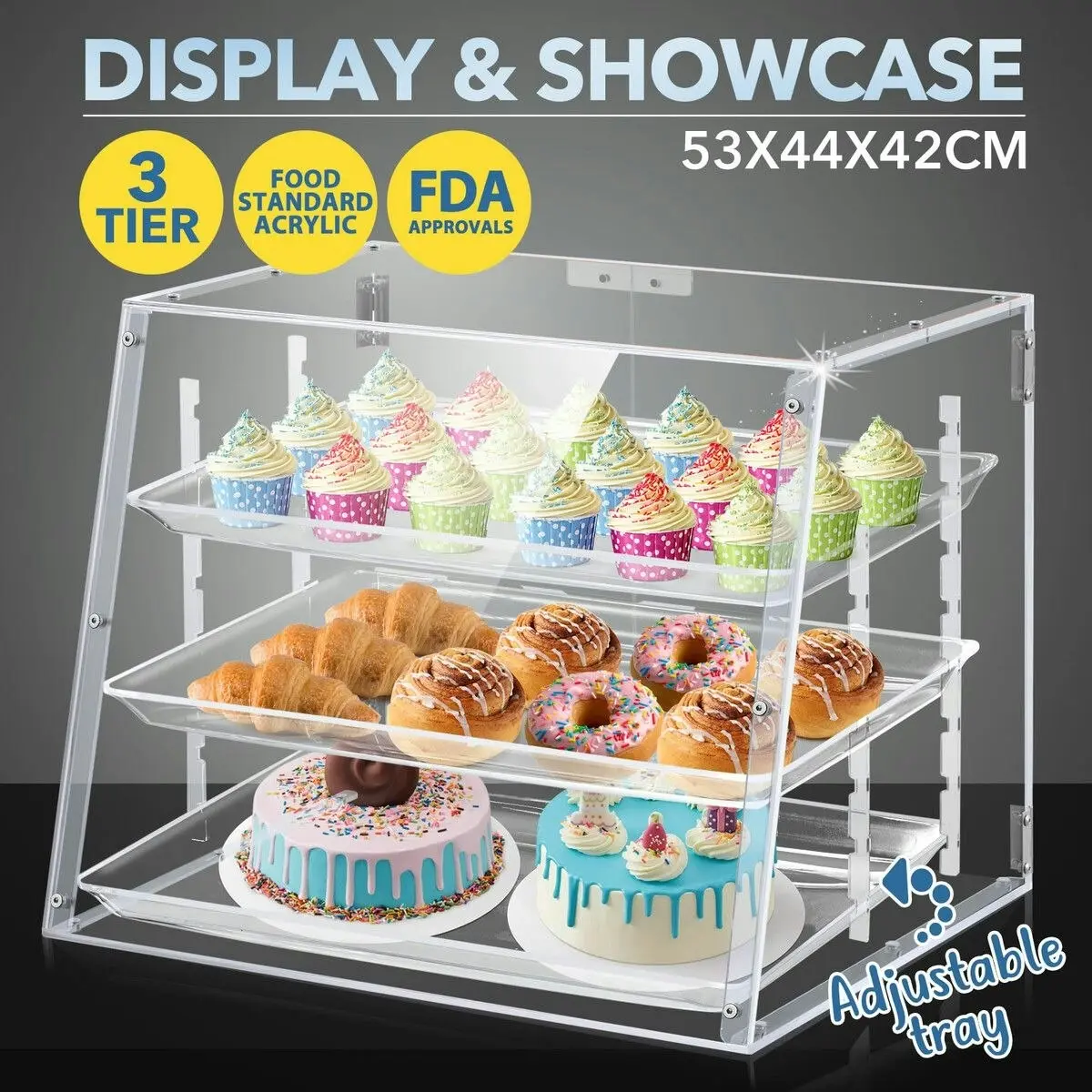 LUXSUITE Cake Display Cabinet 3 Tier Acrylic Bakery Cupcake Stand Case Unit Holder Muffin Donut Pastry Model Toy Showcase Adjustable Shelf 5mm Thick