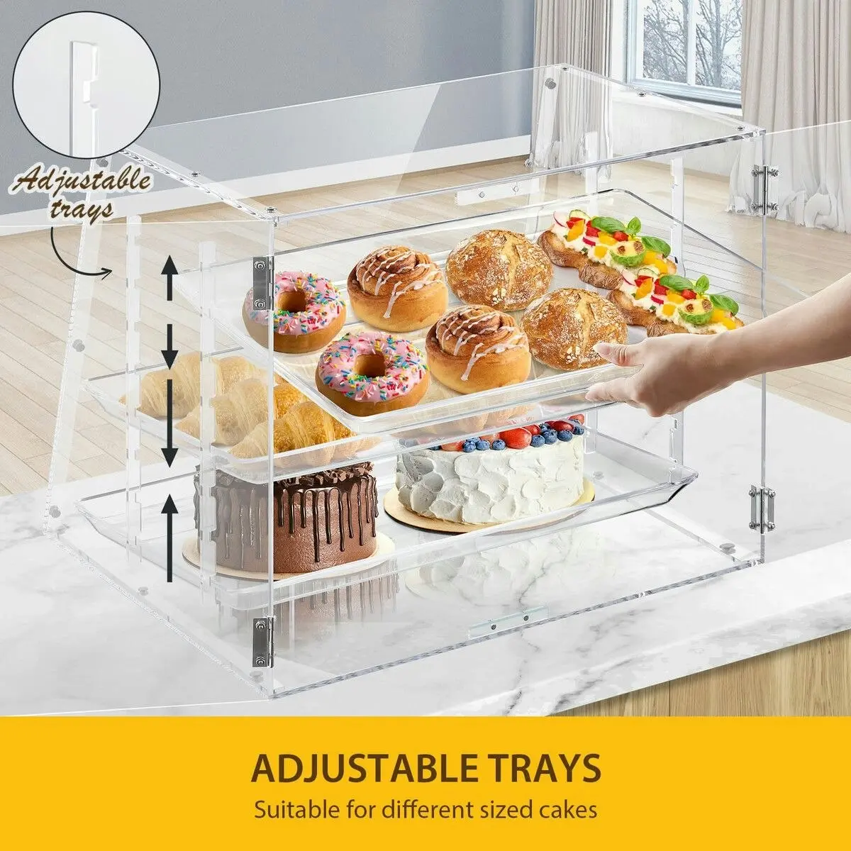 LUXSUITE Cake Display Cabinet 3 Tier Acrylic Bakery Cupcake Stand Case Unit Holder Muffin Donut Pastry Model Toy Showcase Adjustable Shelf 5mm Thick