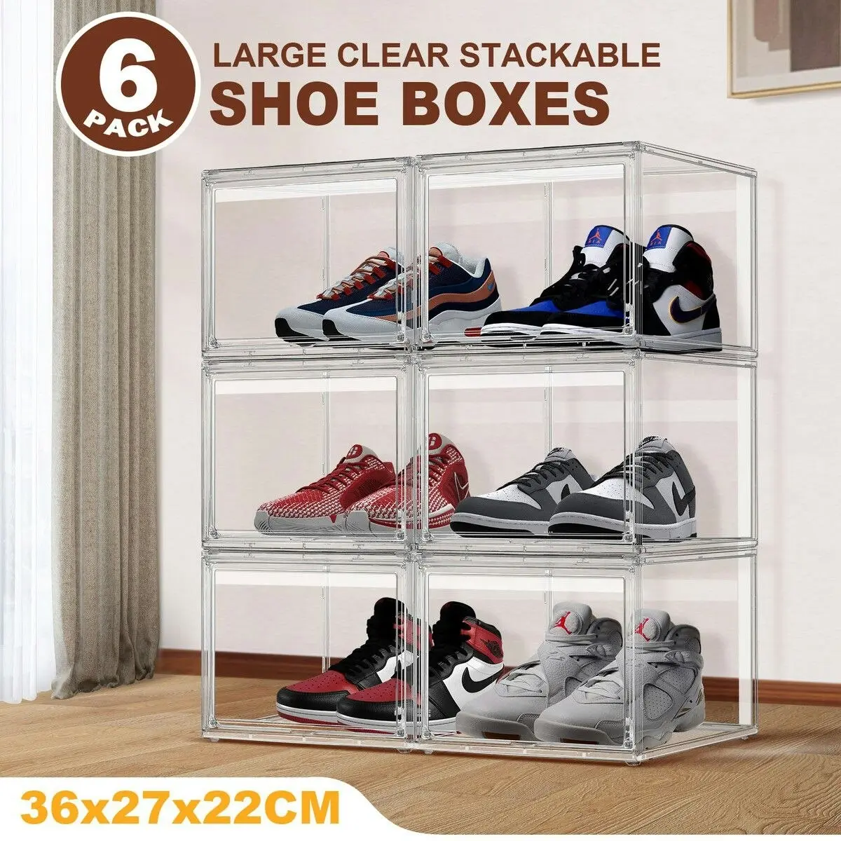 Ausway 6pcs Shoe Storage Boxes Large Plastic Stackable Clear Containers Organiser Display Cases for Sneaker Clothes Bins with Lids