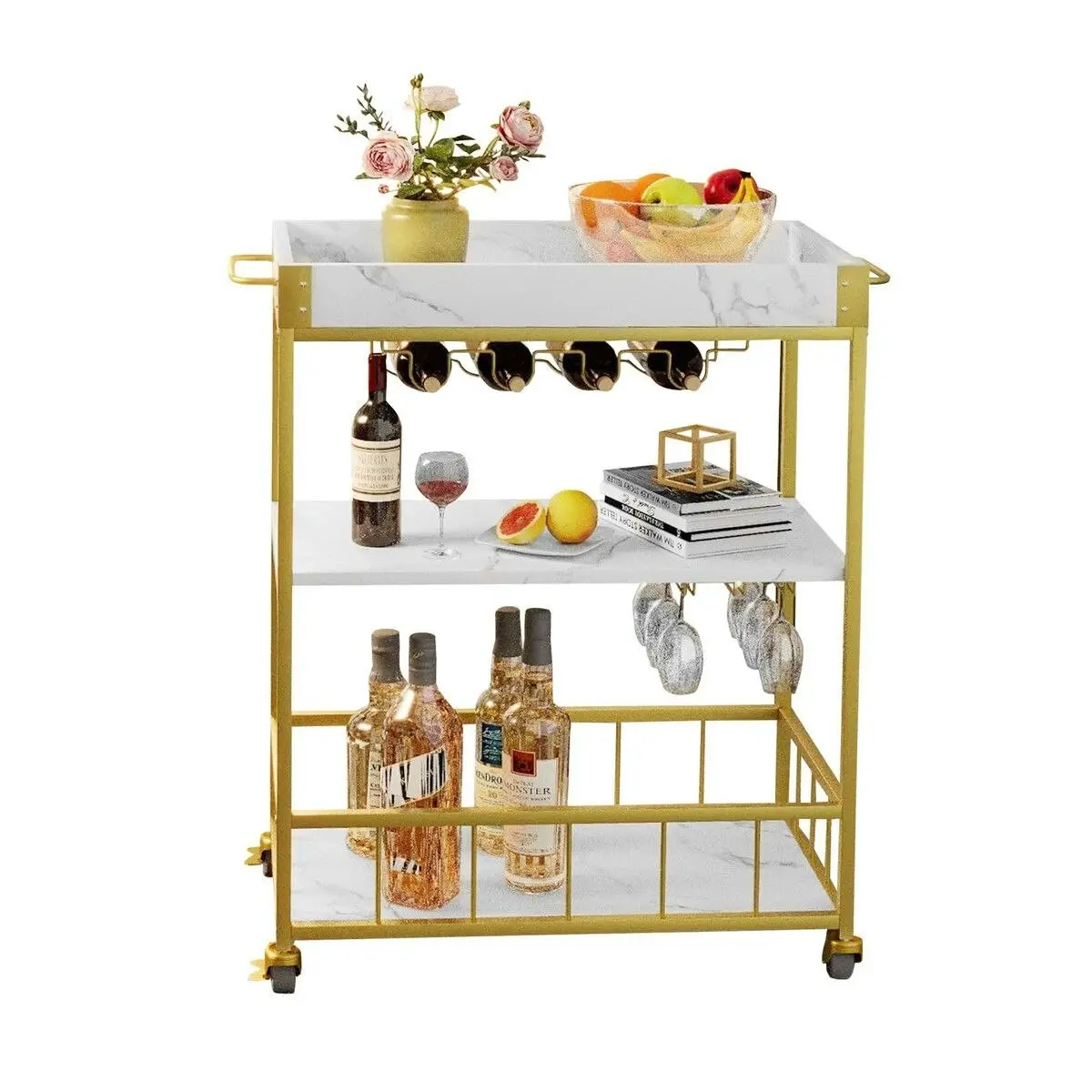 Ausway Mobile Bar Cart Drinks Rolling Kitchen Trolley Wine Rack Glass Holder Bottle Microwave Outdoor Storage Shelf with Handles