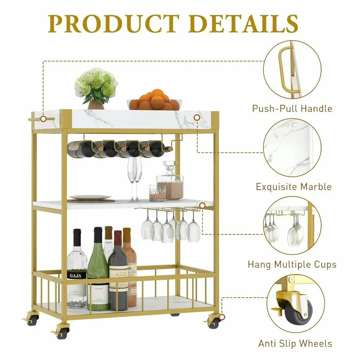 Ausway Mobile Bar Cart Drinks Rolling Kitchen Trolley Wine Rack Glass Holder Bottle Microwave Outdoor Storage Shelf with Handles