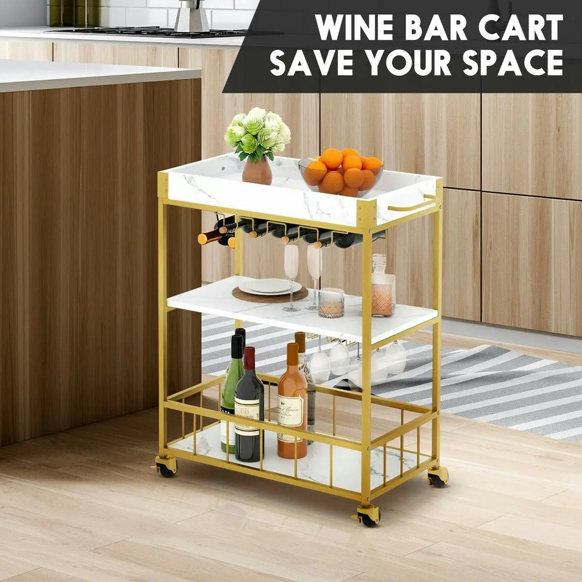 Ausway Mobile Bar Cart Drinks Rolling Kitchen Trolley Wine Rack Glass Holder Bottle Microwave Outdoor Storage Shelf with Handles