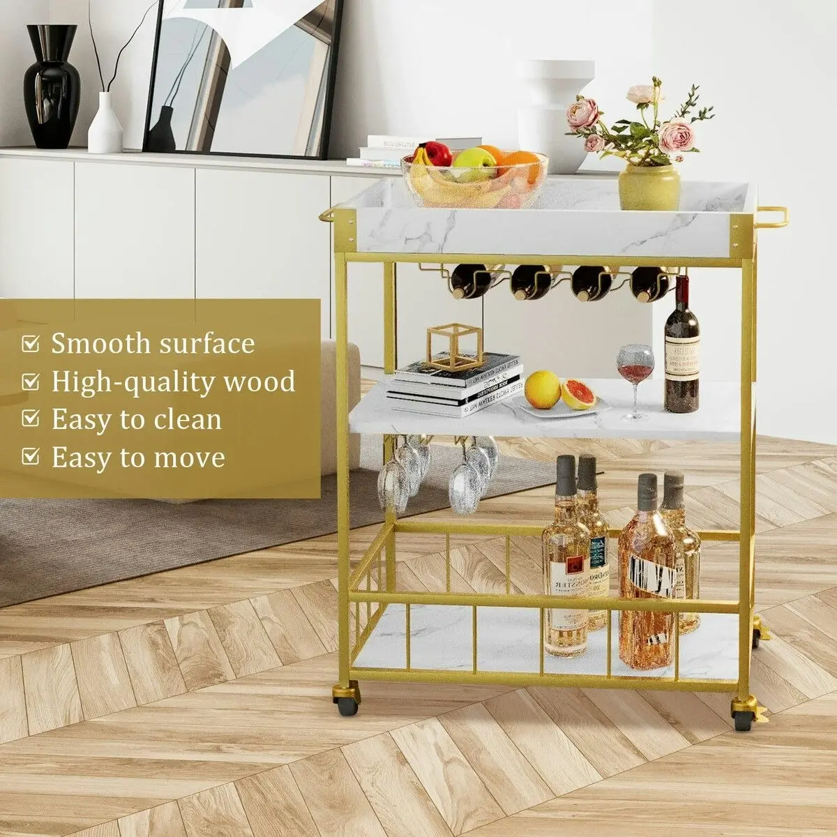 Ausway Mobile Bar Cart Drinks Rolling Kitchen Trolley Wine Rack Glass Holder Bottle Microwave Outdoor Storage Shelf with Handles