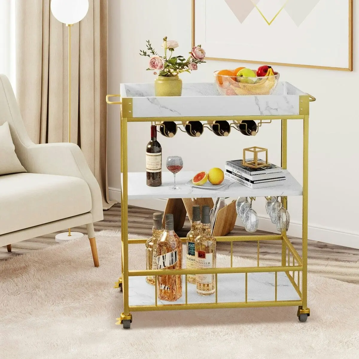 Ausway Mobile Bar Cart Drinks Rolling Kitchen Trolley Wine Rack Glass Holder Bottle Microwave Outdoor Storage Shelf with Handles