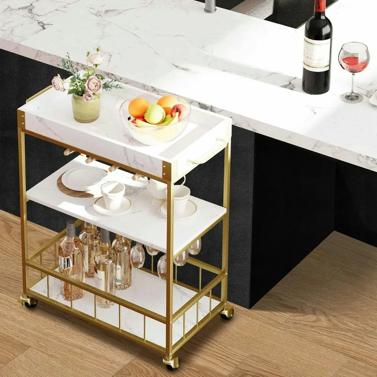 Ausway Mobile Bar Cart Drinks Rolling Kitchen Trolley Wine Rack Glass Holder Bottle Microwave Outdoor Storage Shelf with Handles