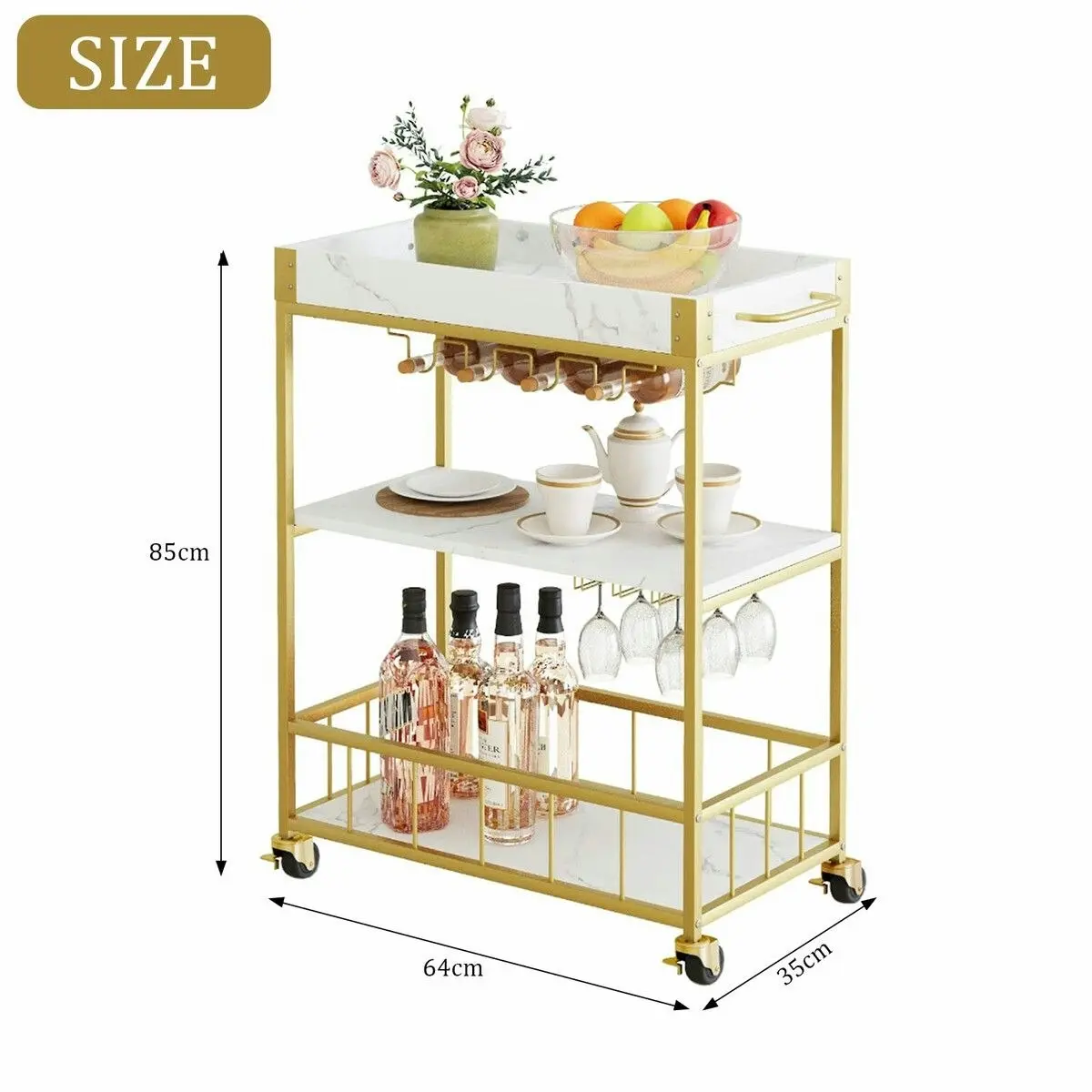 Ausway Mobile Bar Cart Drinks Rolling Kitchen Trolley Wine Rack Glass Holder Bottle Microwave Outdoor Storage Shelf with Handles