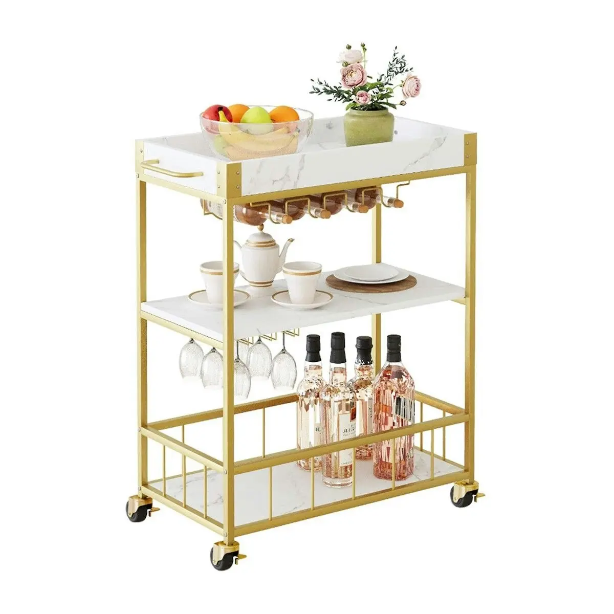 Ausway Mobile Bar Cart Drinks Rolling Kitchen Trolley Wine Rack Glass Holder Bottle Microwave Outdoor Storage Shelf with Handles