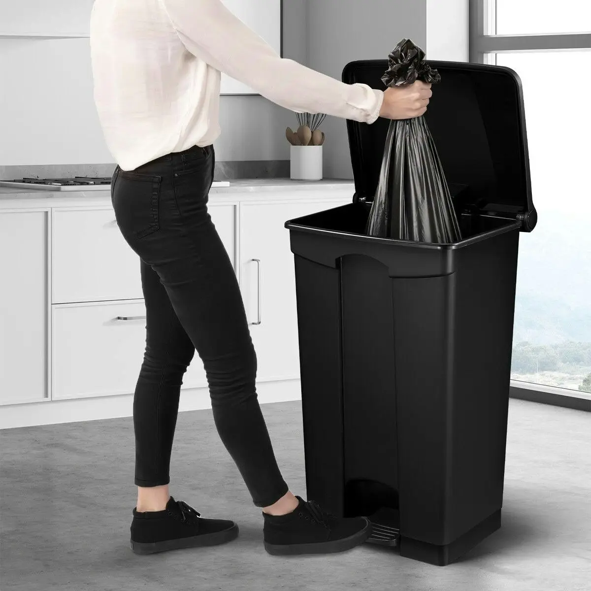 LUXSUITE 87L Rubbish Trash Bin Kitchen Dustbin Garbage Waste Recycling Compost Can Pedal Black Large Plastic for Garden Home Office