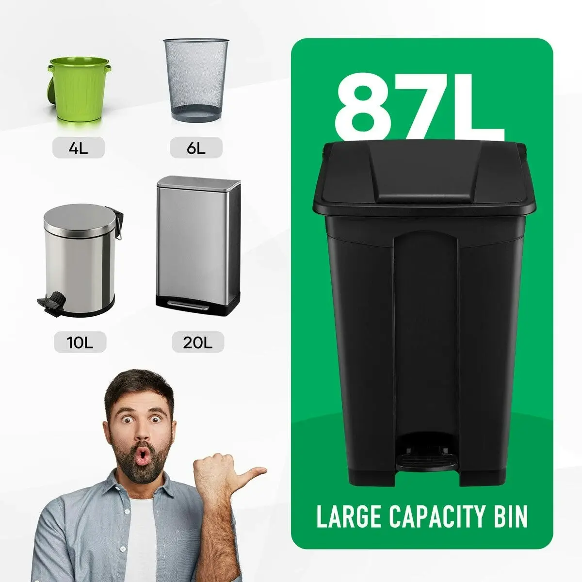 LUXSUITE 87L Rubbish Trash Bin Kitchen Dustbin Garbage Waste Recycling Compost Can Pedal Black Large Plastic for Garden Home Office