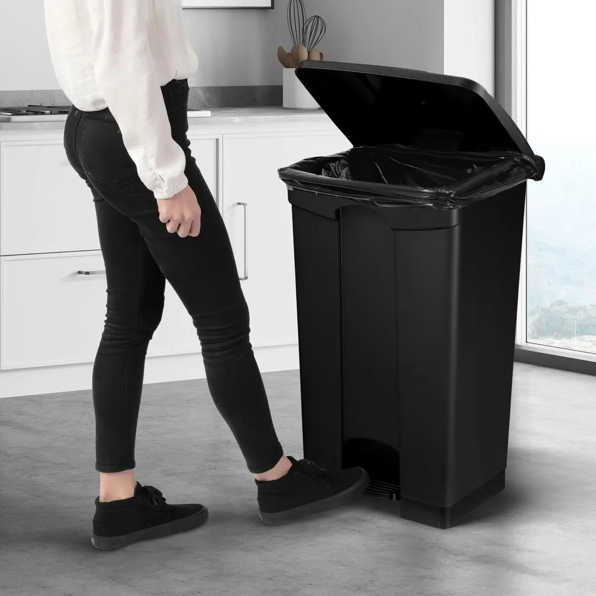 LUXSUITE 87L Rubbish Trash Bin Kitchen Dustbin Garbage Waste Recycling Compost Can Pedal Black Large Plastic for Garden Home Office