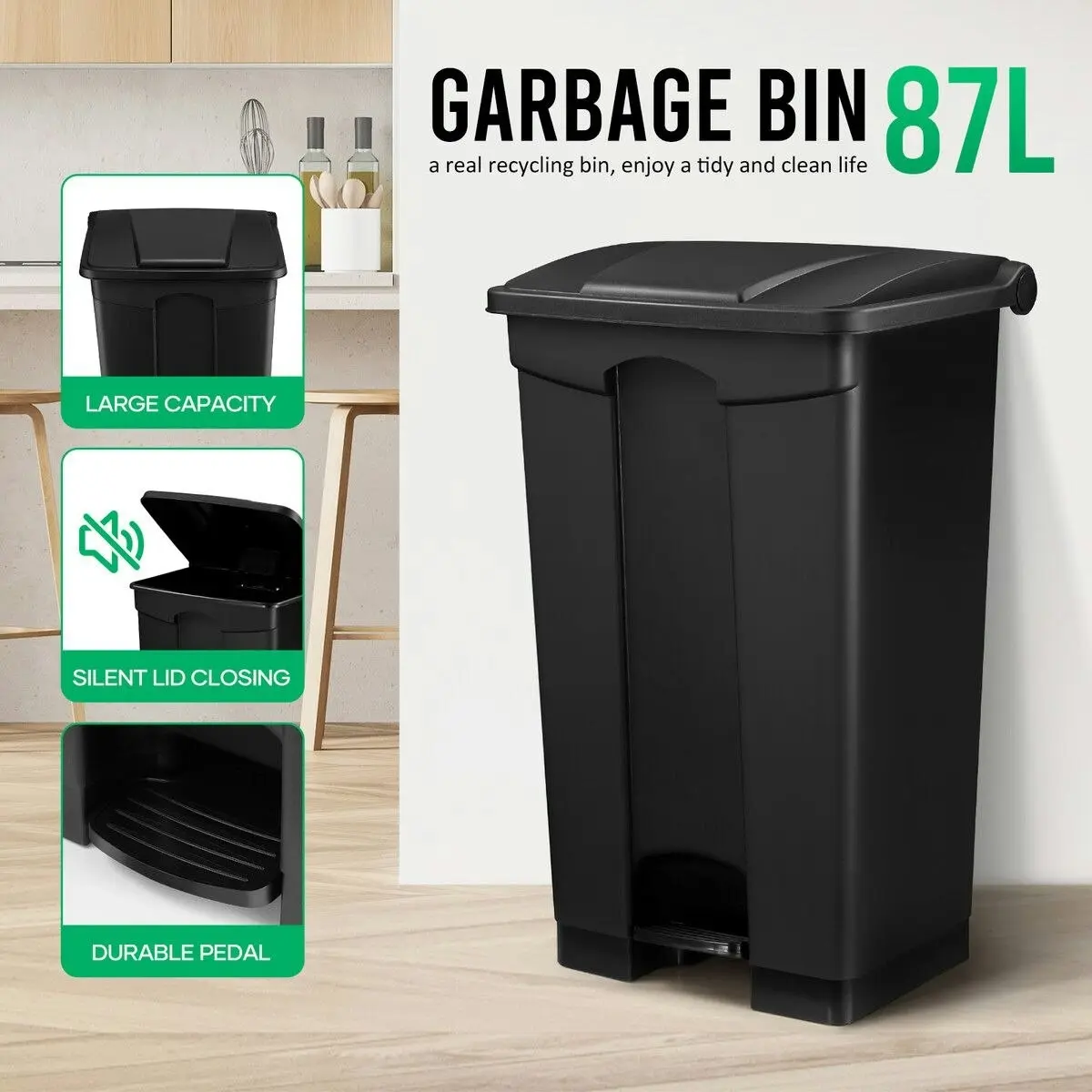 LUXSUITE 87L Rubbish Trash Bin Kitchen Dustbin Garbage Waste Recycling Compost Can Pedal Black Large Plastic for Garden Home Office