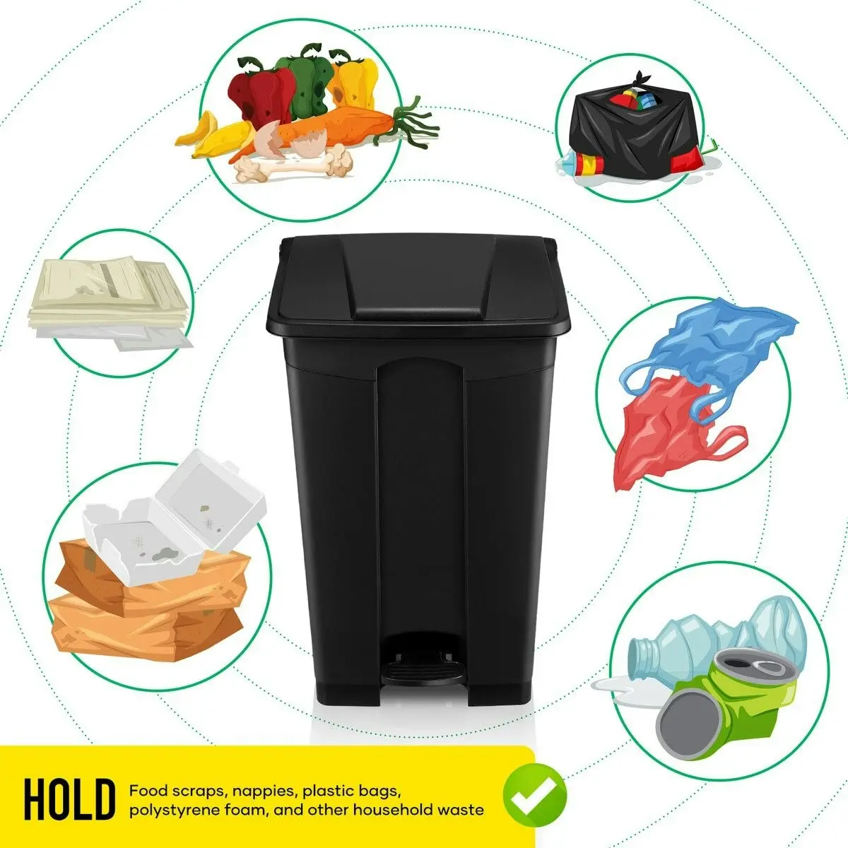 LUXSUITE 87L Rubbish Trash Bin Kitchen Dustbin Garbage Waste Recycling Compost Can Pedal Black Large Plastic for Garden Home Office