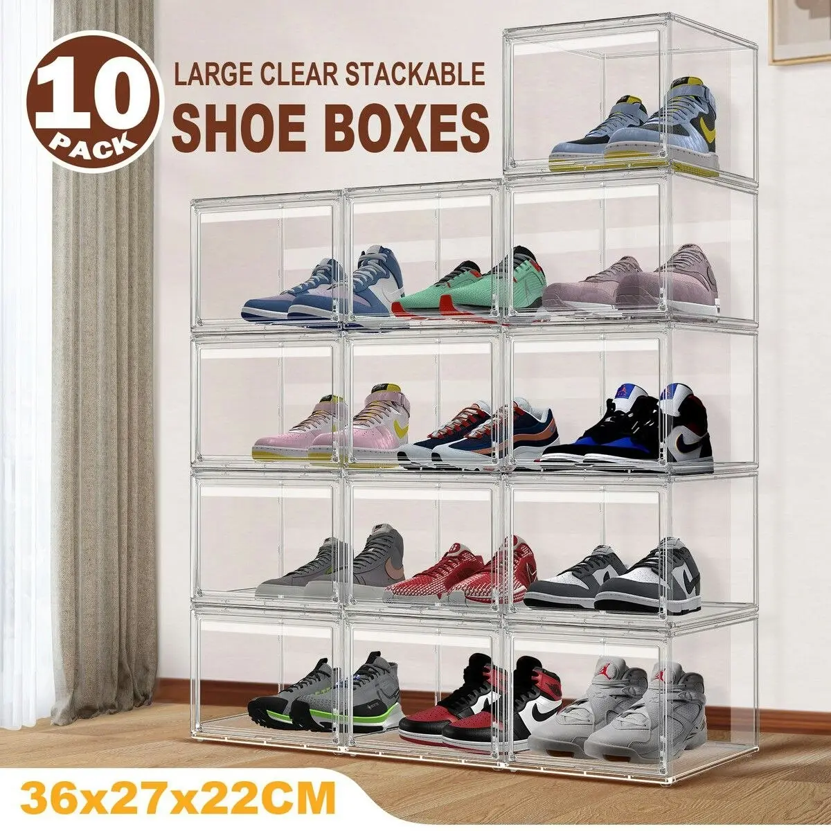 Ausway 10pcs Shoe Storage Boxes Plastic Large Clear Stackable Organiser Bins Containers Sneaker Display Cases Organizer with Lids