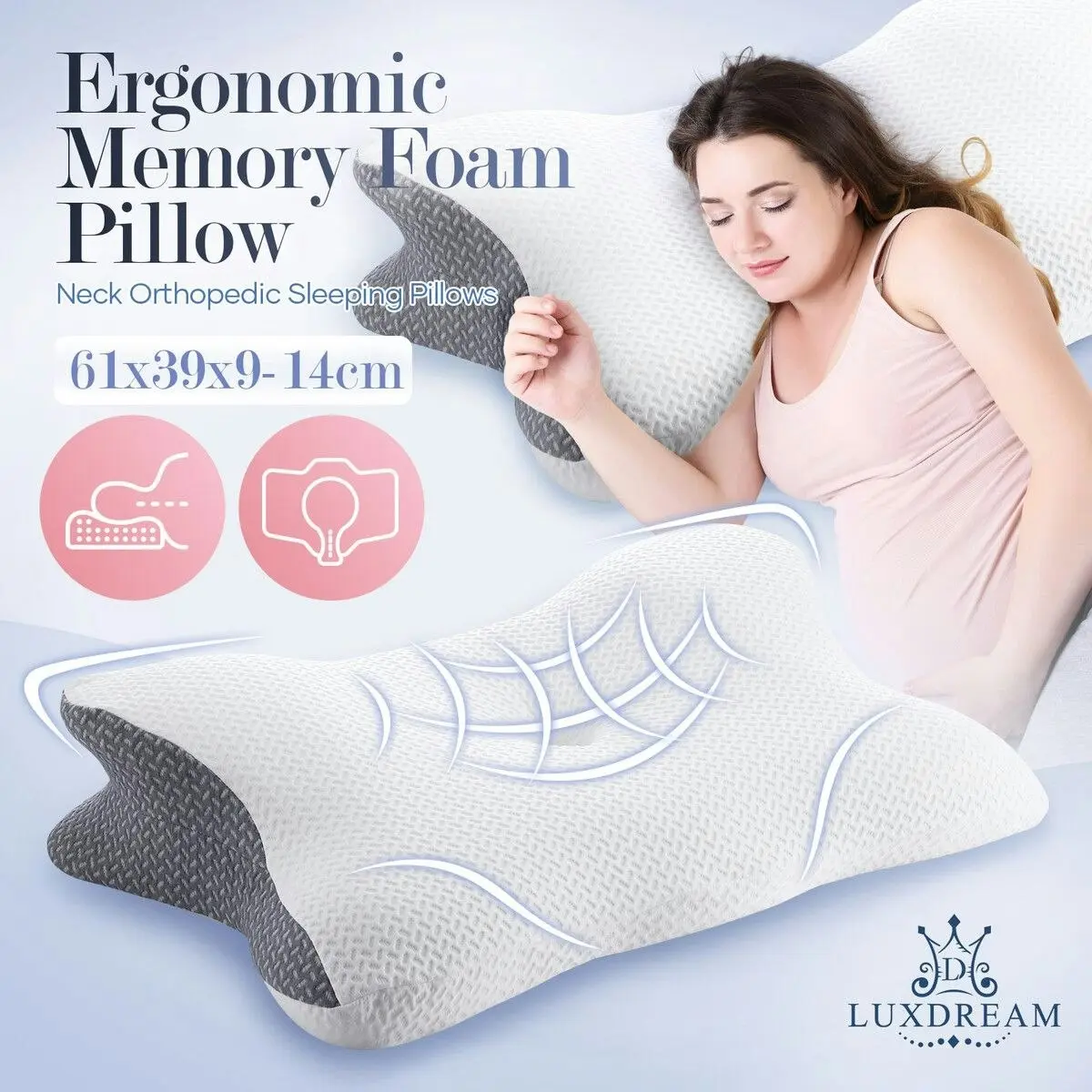 Luxdream Contour Bed Pillow Cervical Memory Foam Cushion Neck Shoulder Support Ergonomic Pain Relief Side Back Stomach Sleeper Breathable Pillowcase